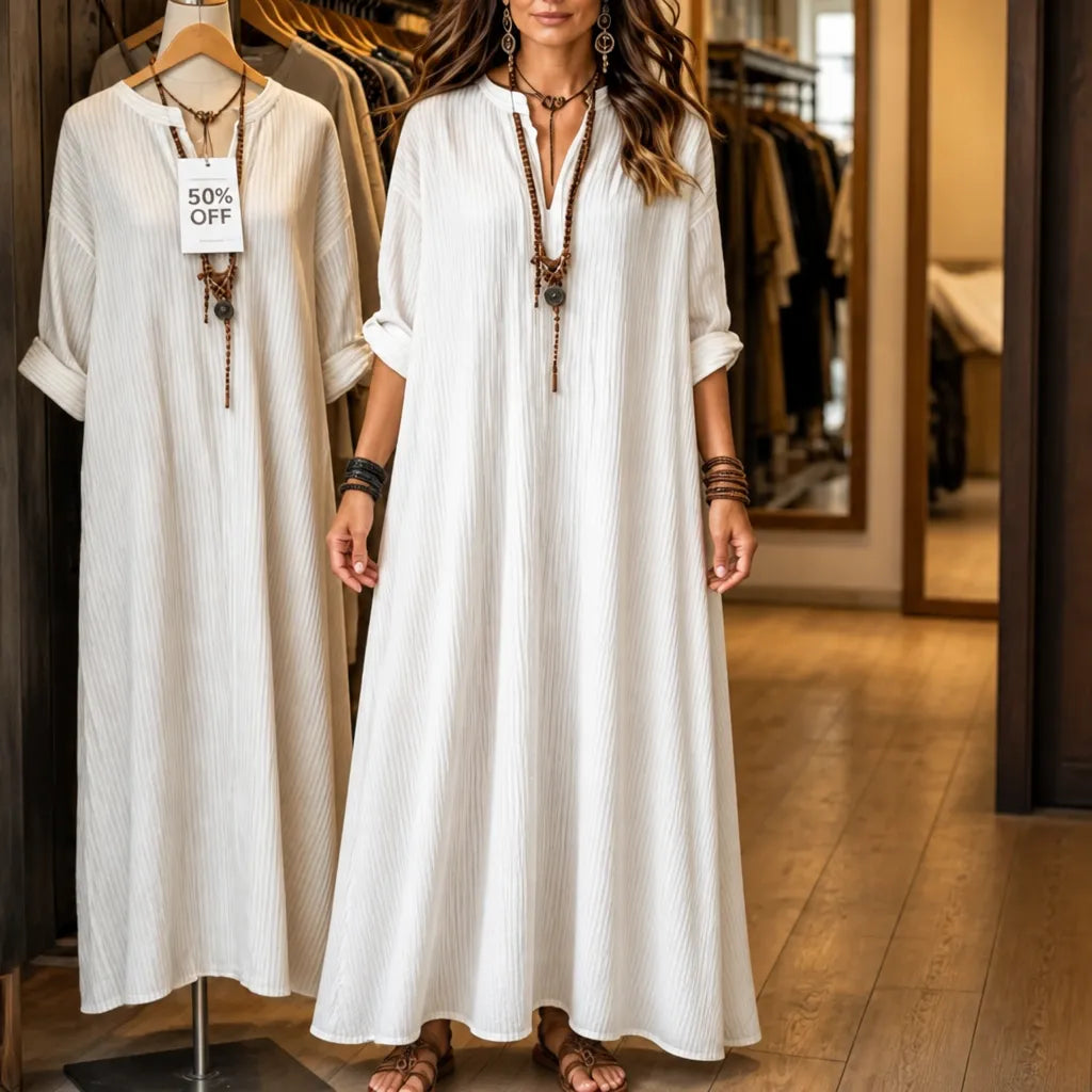 50% OFF | Vestara Boho Striped V-Neck Maxi Dress with Pockets