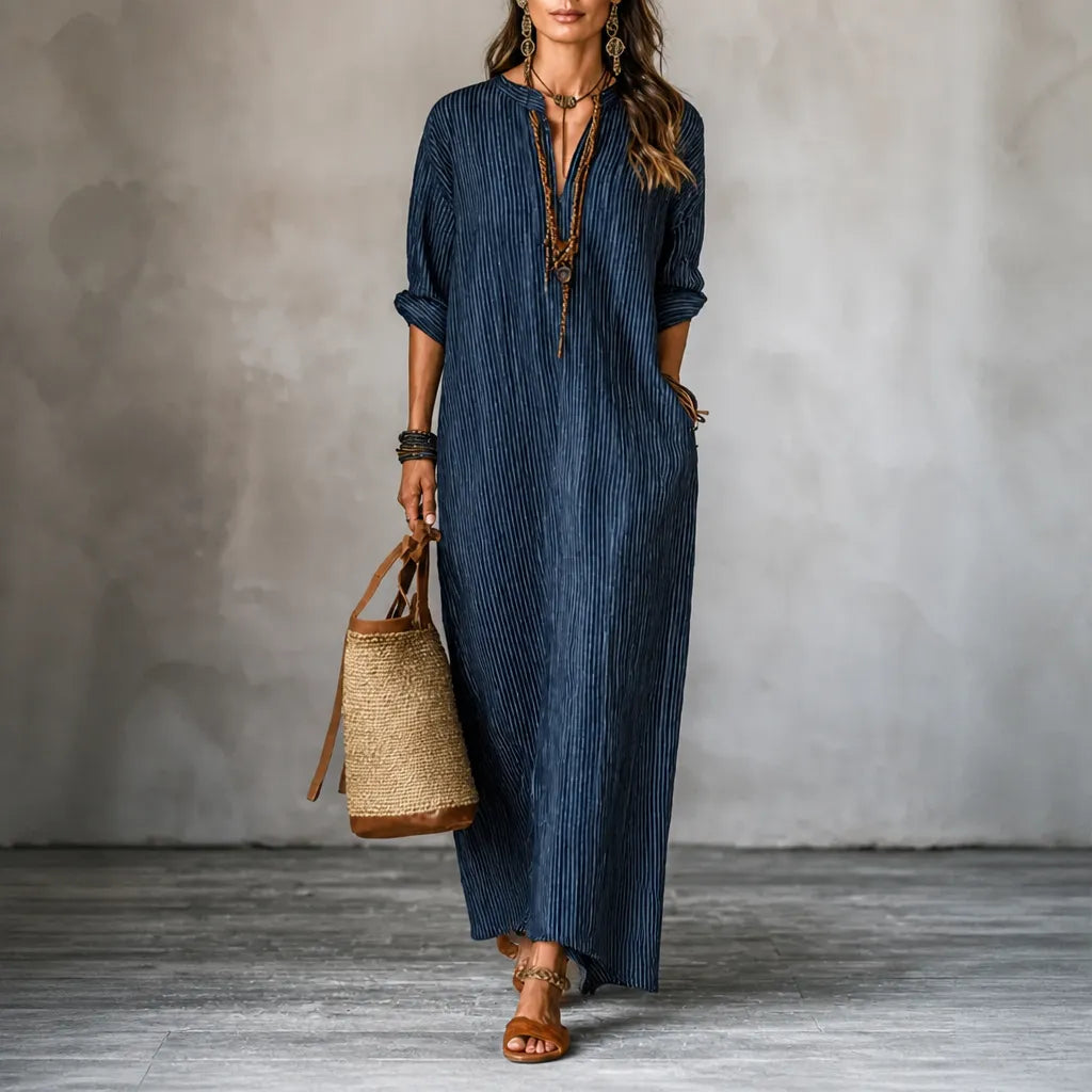 50% OFF | Vestara Boho Striped V-Neck Maxi Dress with Pockets