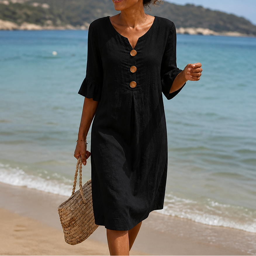 V-Neck Button-Front Midi Dress with Ruffle Sleeves