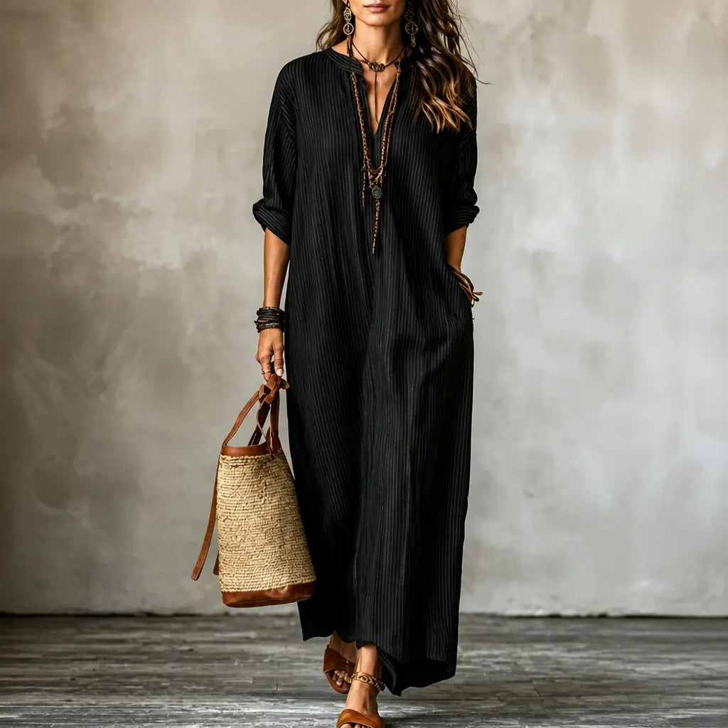 50% OFF | Vestara Boho Striped V-Neck Maxi Dress with Pockets