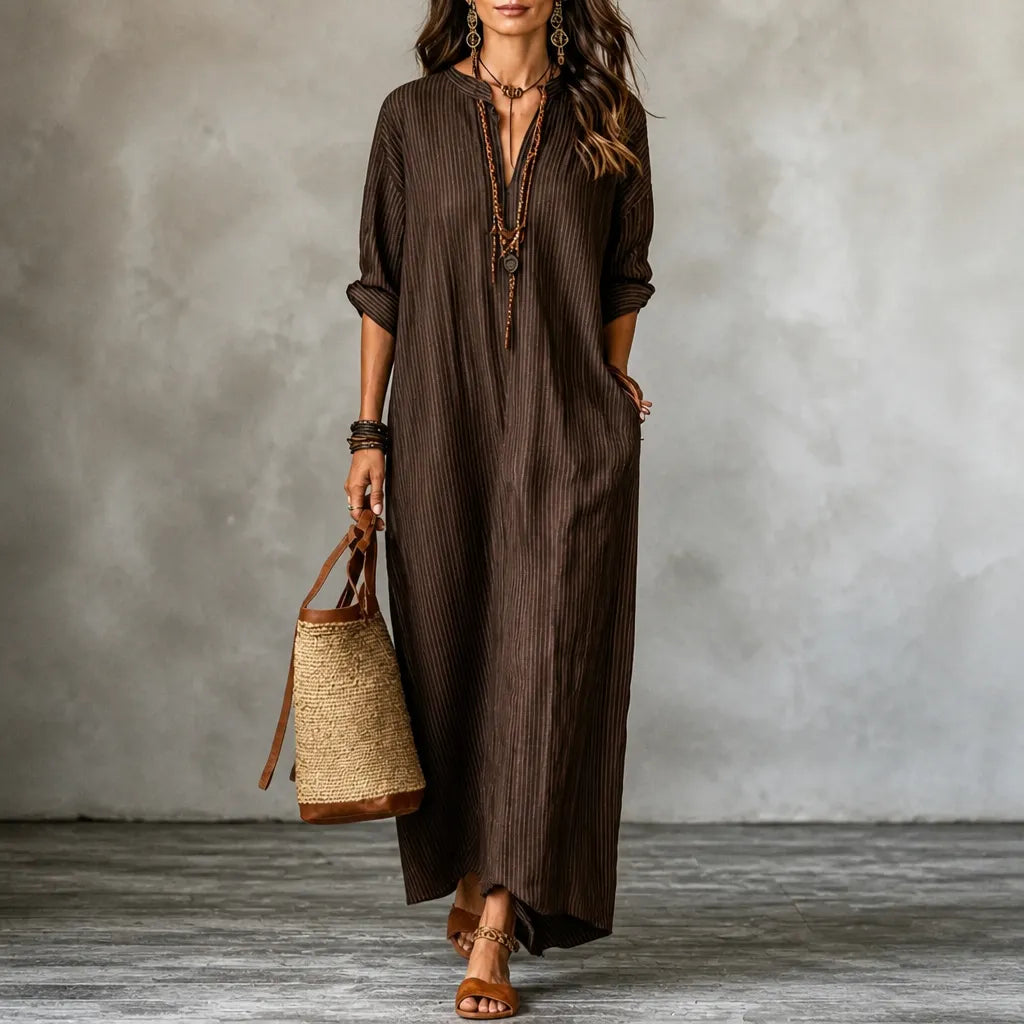50% OFF | Vestara Boho Striped V-Neck Maxi Dress with Pockets