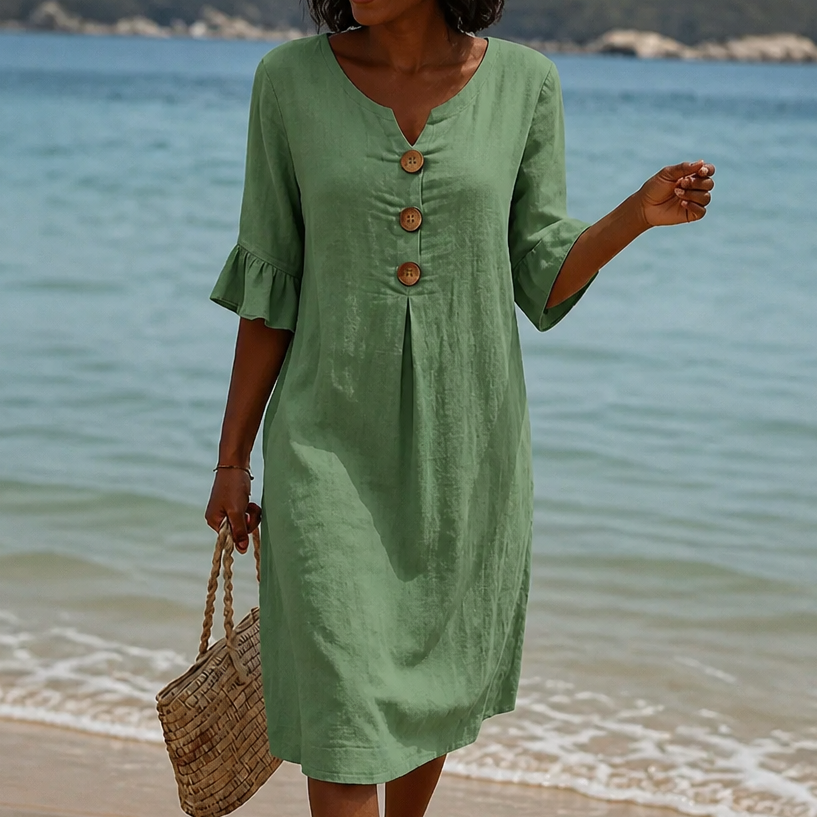 V-Neck Button-Front Midi Dress with Ruffle Sleeves