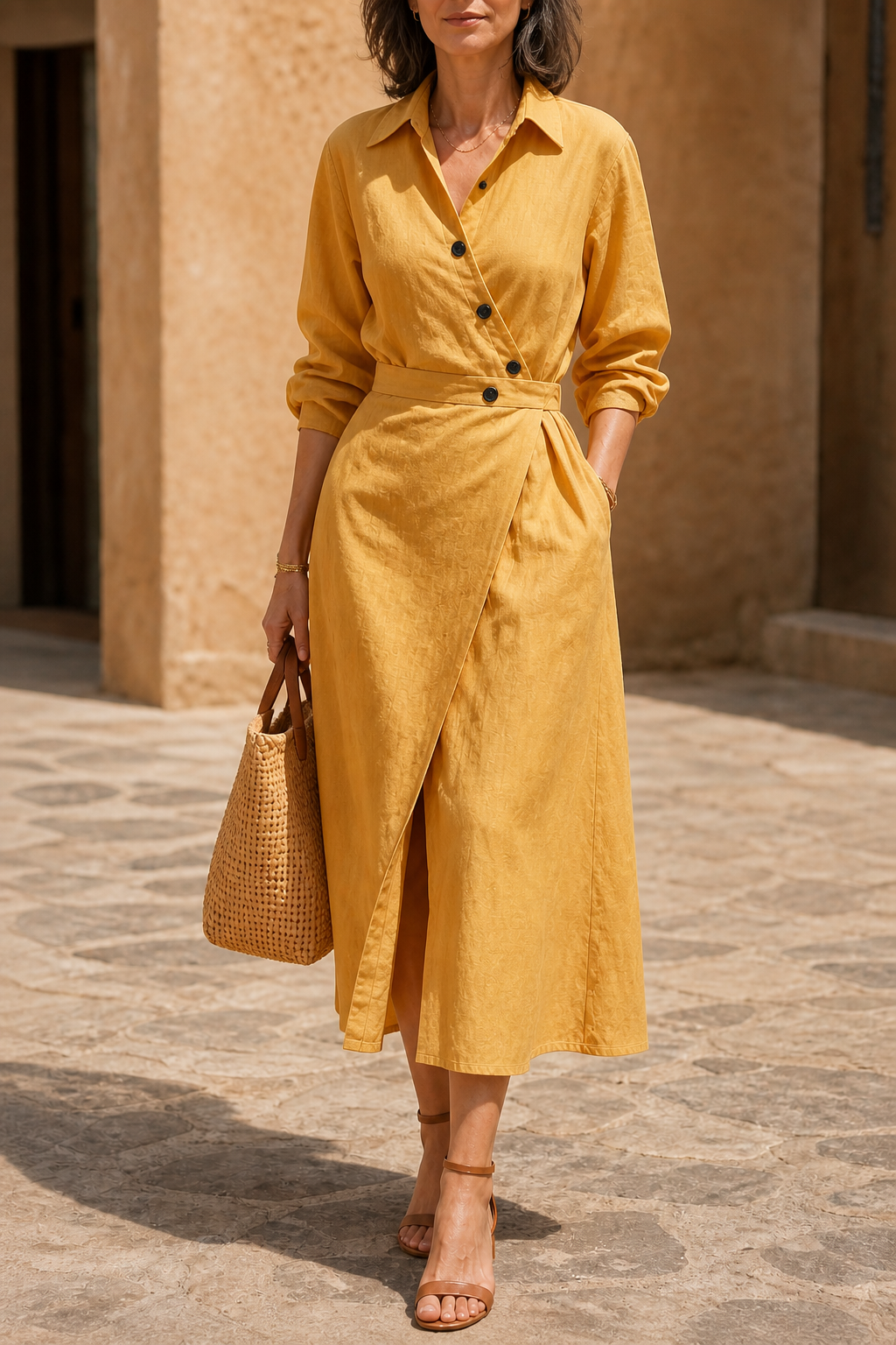 Belted Long-Sleeve Wrap Midi Shirt Dress with Pockets