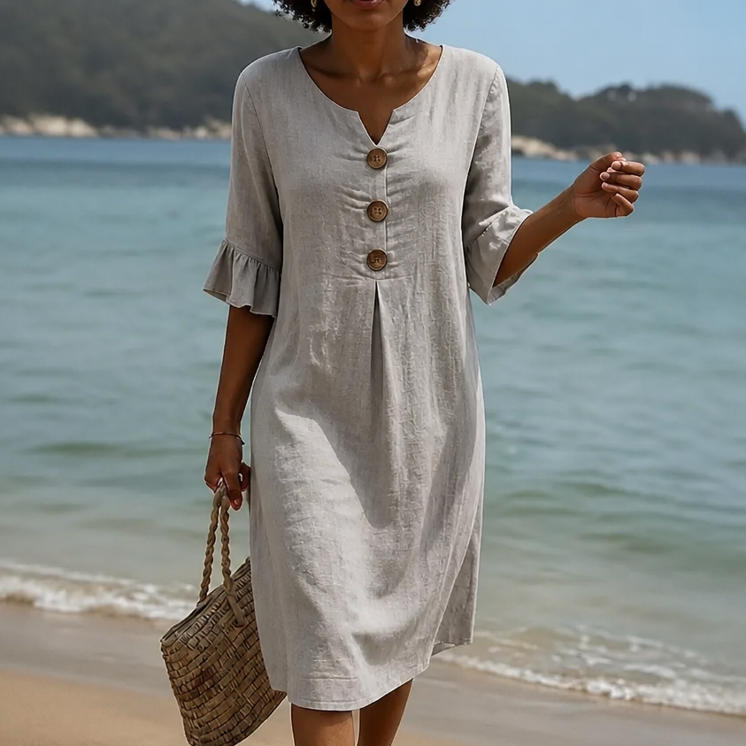V-Neck Button-Front Midi Dress with Ruffle Sleeves