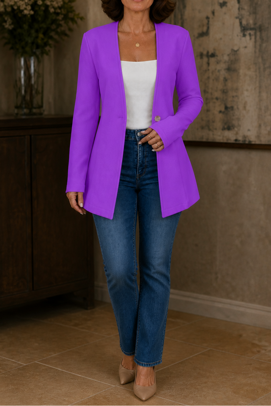 Longline V-Neck Single-Button A-Line Blazer