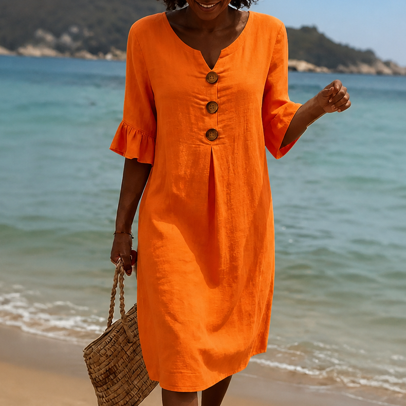V-Neck Button-Front Midi Dress with Ruffle Sleeves