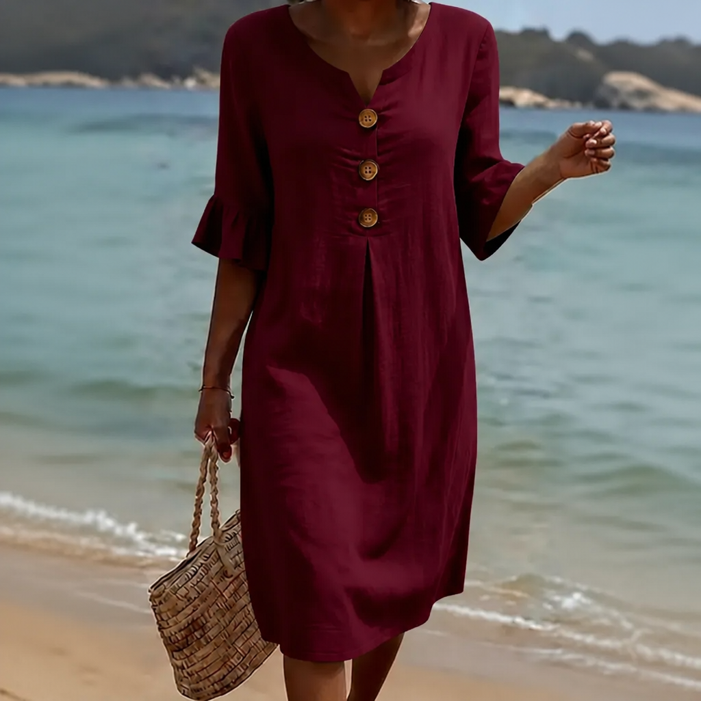 V-Neck Button-Front Midi Dress with Ruffle Sleeves