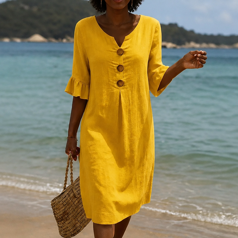 V-Neck Button-Front Midi Dress with Ruffle Sleeves
