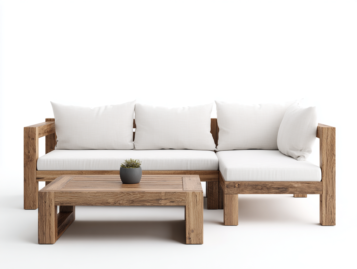 Gartensofa 240x185x82 cm - Holz in Braun und Polster in Weiß - modernes Eckdesign mit Couchtisch-Zaluxvahaven