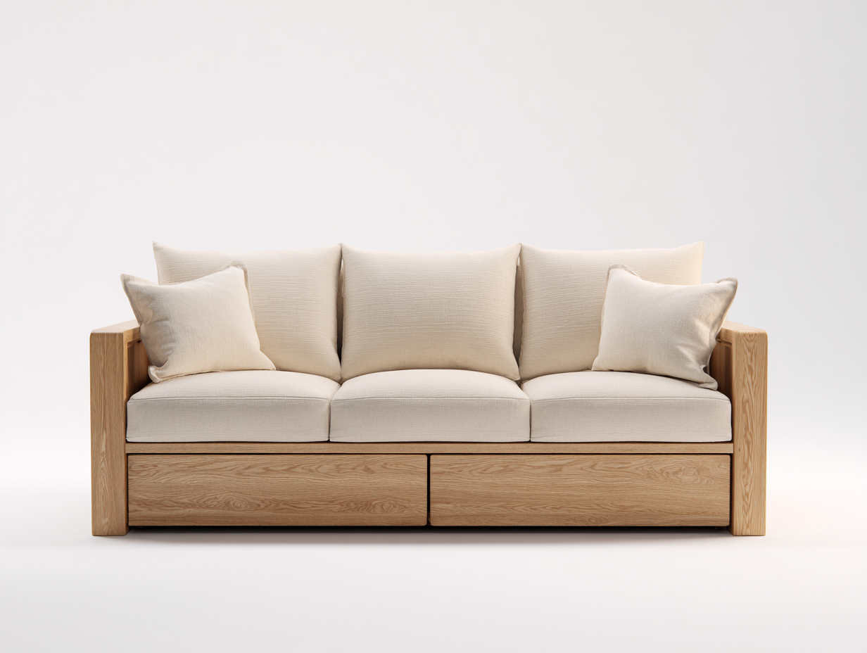 Schlafsofa 220x92x84 cm - Holz natur und Stoff beige - moderner Landhausstil mit 2 Schubladen-Zaluxvahaven