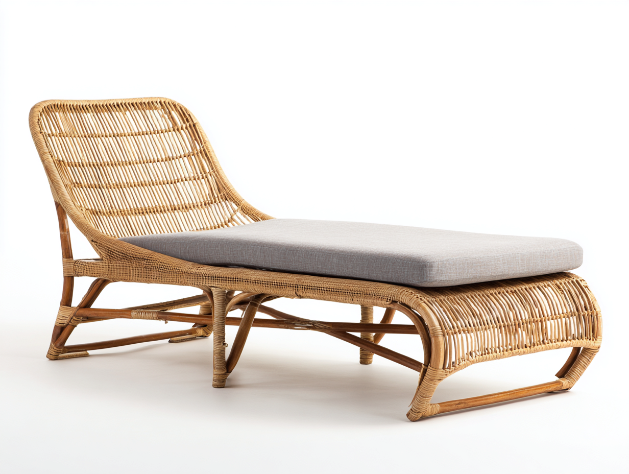 Sonnenliege 185x72x86 cm - Rattan in Natur und Polster in Hellgrau - geschwungenes Relaxdesign-Zaluxvahaven
