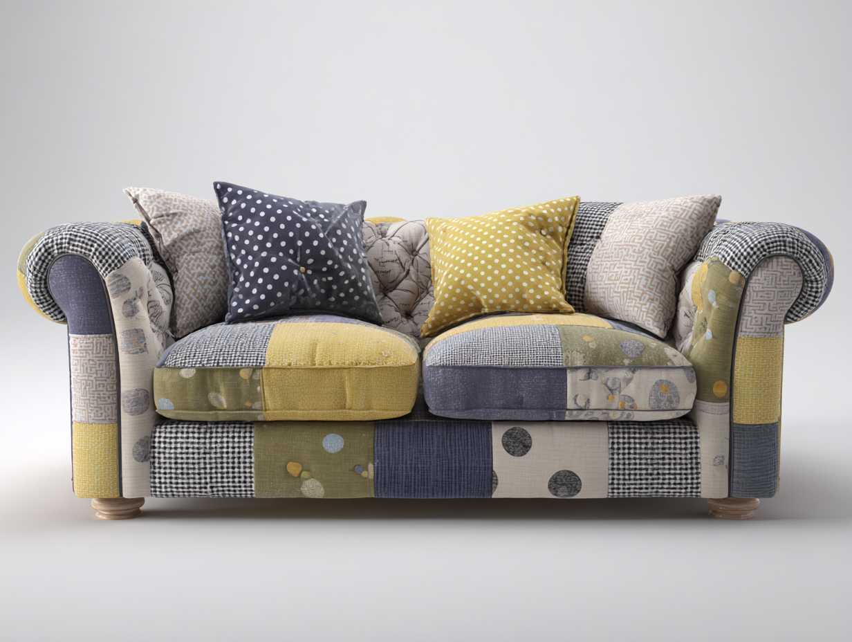 Zweisitzer Sofa Stoff 170x90x82 cm - Gelb-Grau-Blau-Beige - für Wohnzimmer mit Patchwork Design-Zaluxvahaven