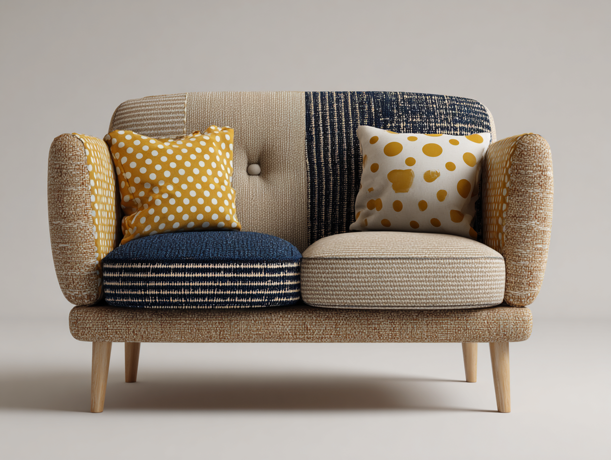 Zweisitzer Sofa Stoff 150x78x82 cm - Beige-Blau-Gelb - für Wohnzimmer mit Holzbeinen-Zaluxvahaven