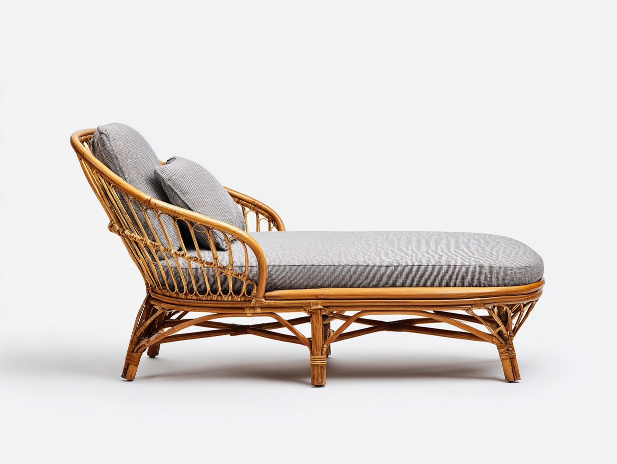 Sonnenliege 180x70x82 cm - Rattan natur und Stoff grau - Boho Design mit geneigter Rückenlehne-Zaluxvahaven