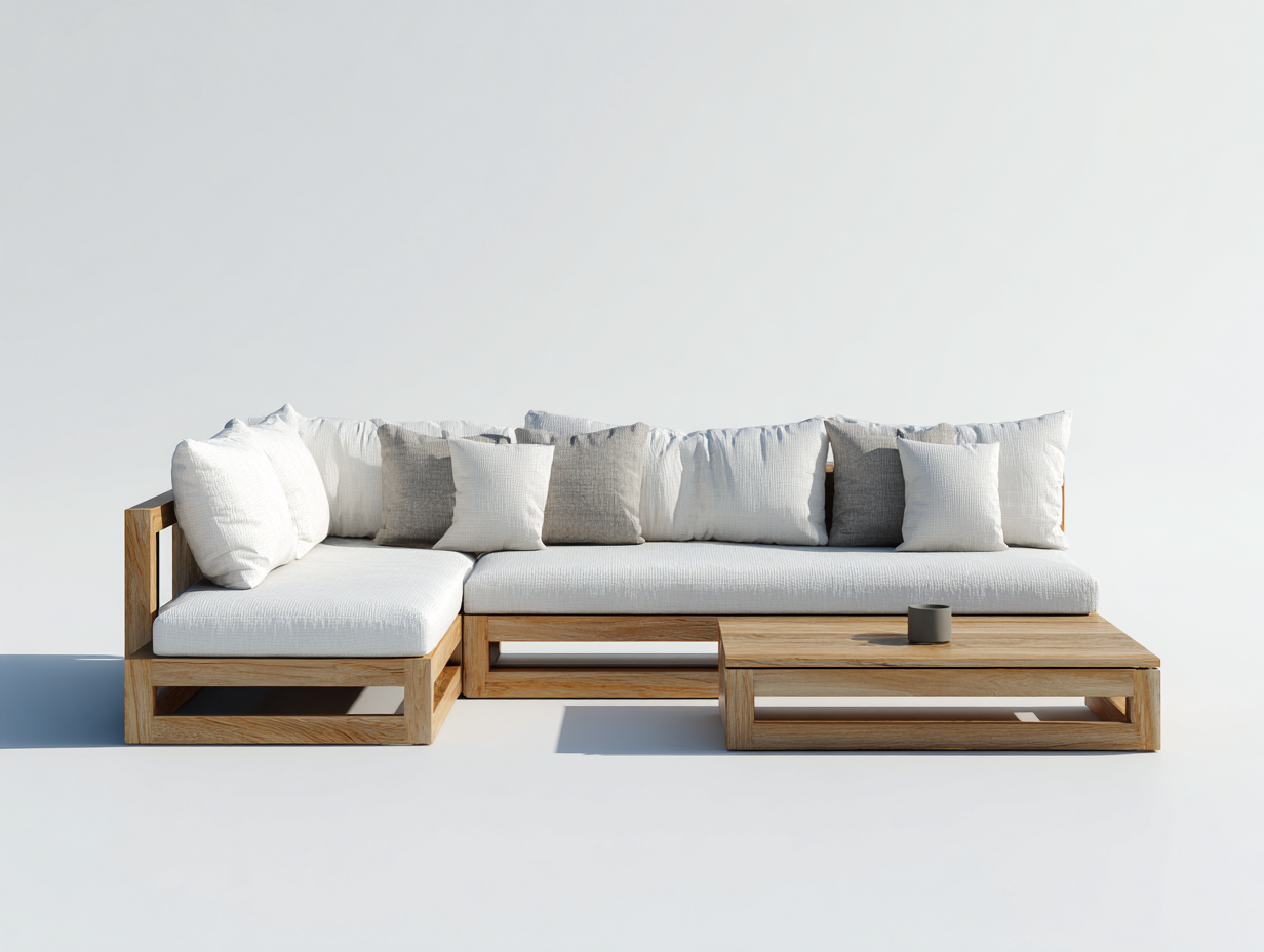 Gartensofa 260x160x72 cm - Holz natur und Stoff weiß - modernes Design mit Couchtisch-Zaluxvahaven