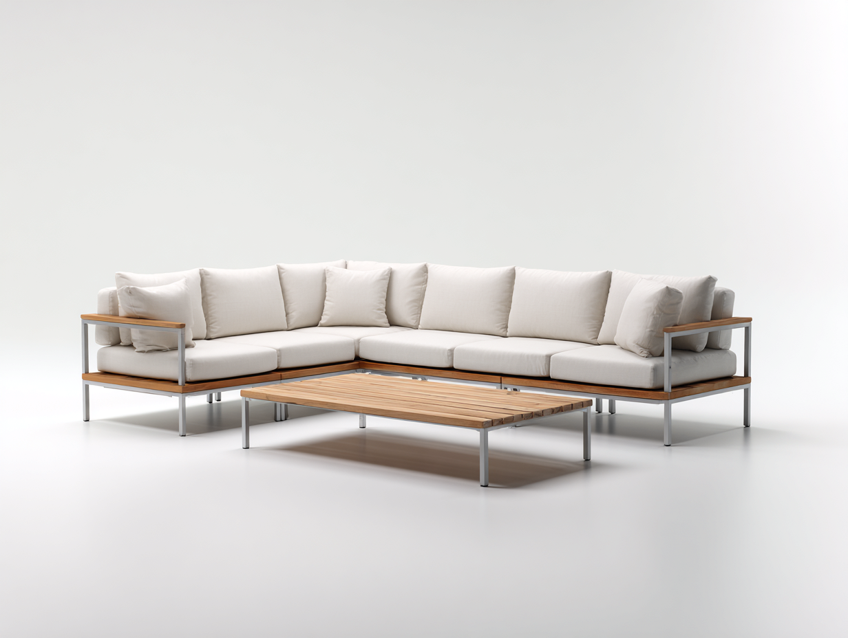 Canapé de jardin-métal-bois-tissu-255x185x72 cm-blanc cassé-naturel-argenté-style moderne-Molinkahaus