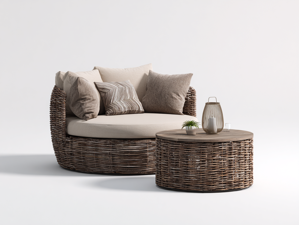 Canapé de jardin-rotin-tissu-bois-155x135x76 cm-marron-beige-style bohème moderne-Molinkahaus