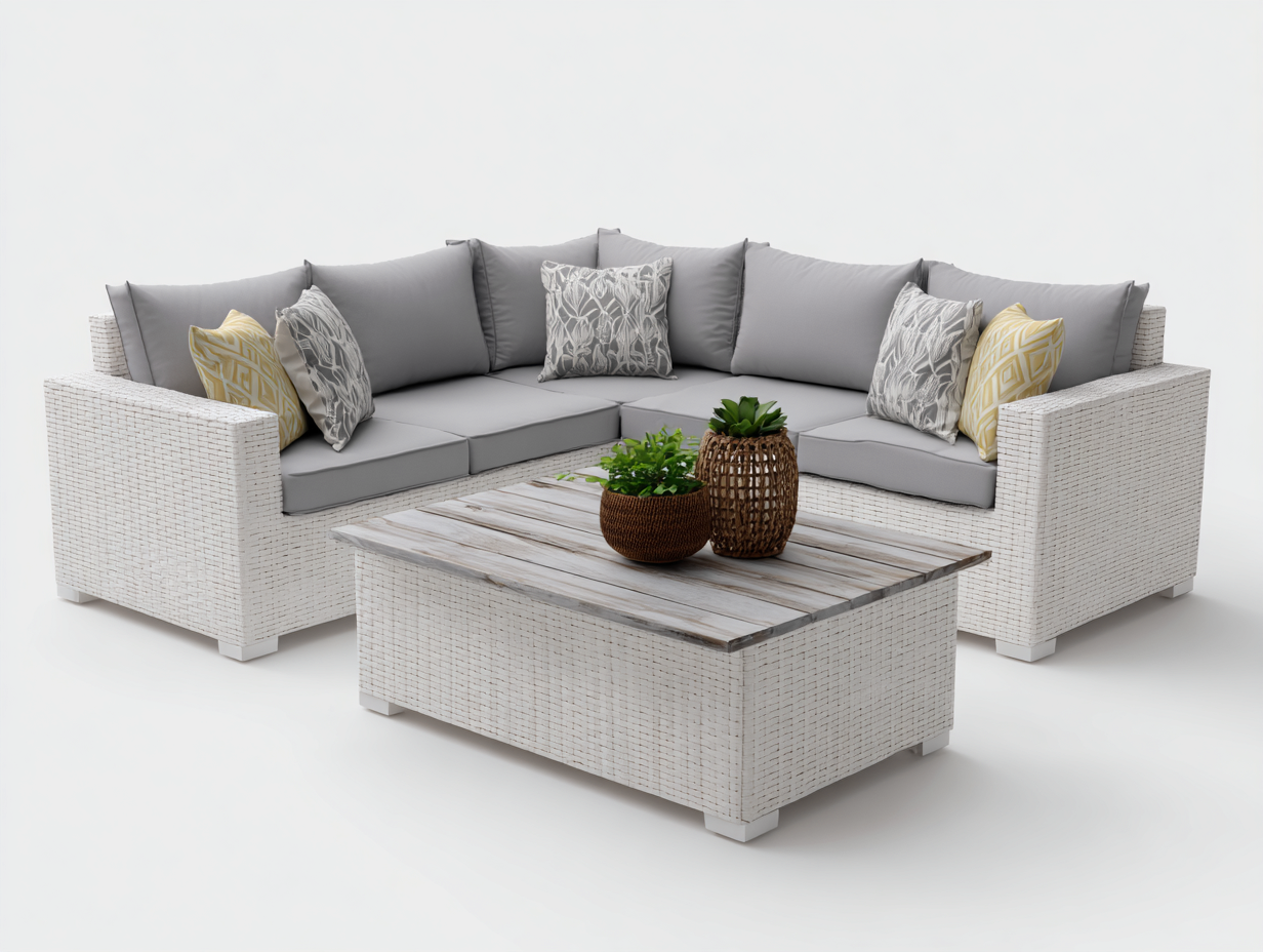 Canapé de jardin - rotin-tissu-bois - 238x238x82 cm - blanc-gris clair - design contemporain-Molinkahaus