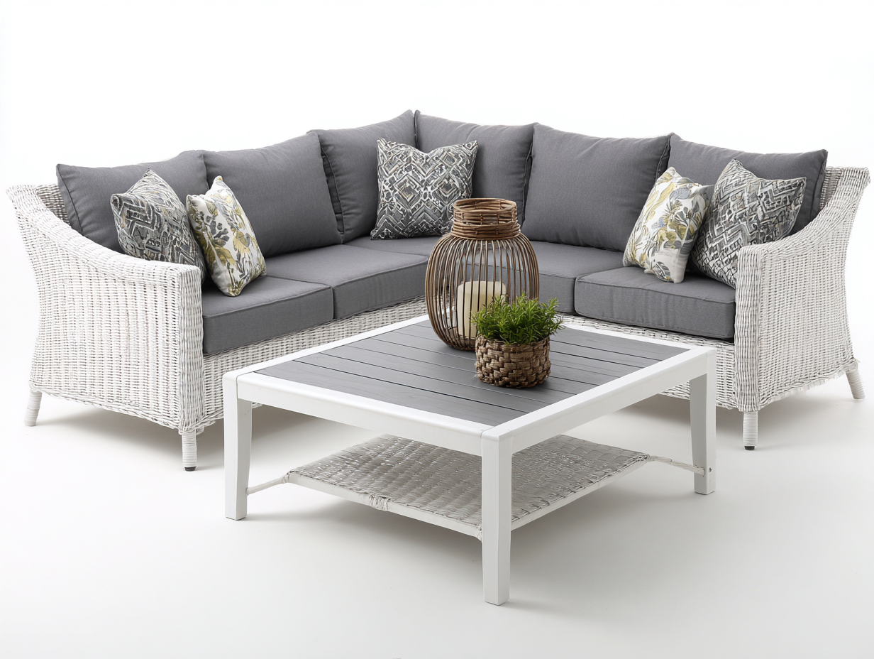 Canapé de jardin-rotin-tissu-bois-240x240x82 cm-blanc-gris-style moderne-Molinkahaus