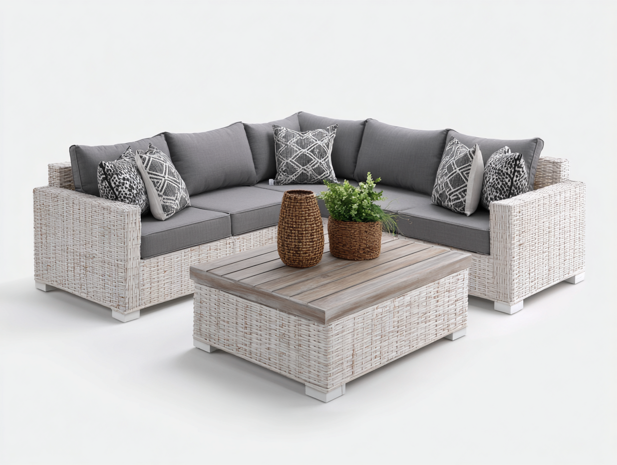 Canapé de jardin - rotin-tissu-bois - 245x245x84 cm - blanc-gris foncé - style moderne-Molinkahaus