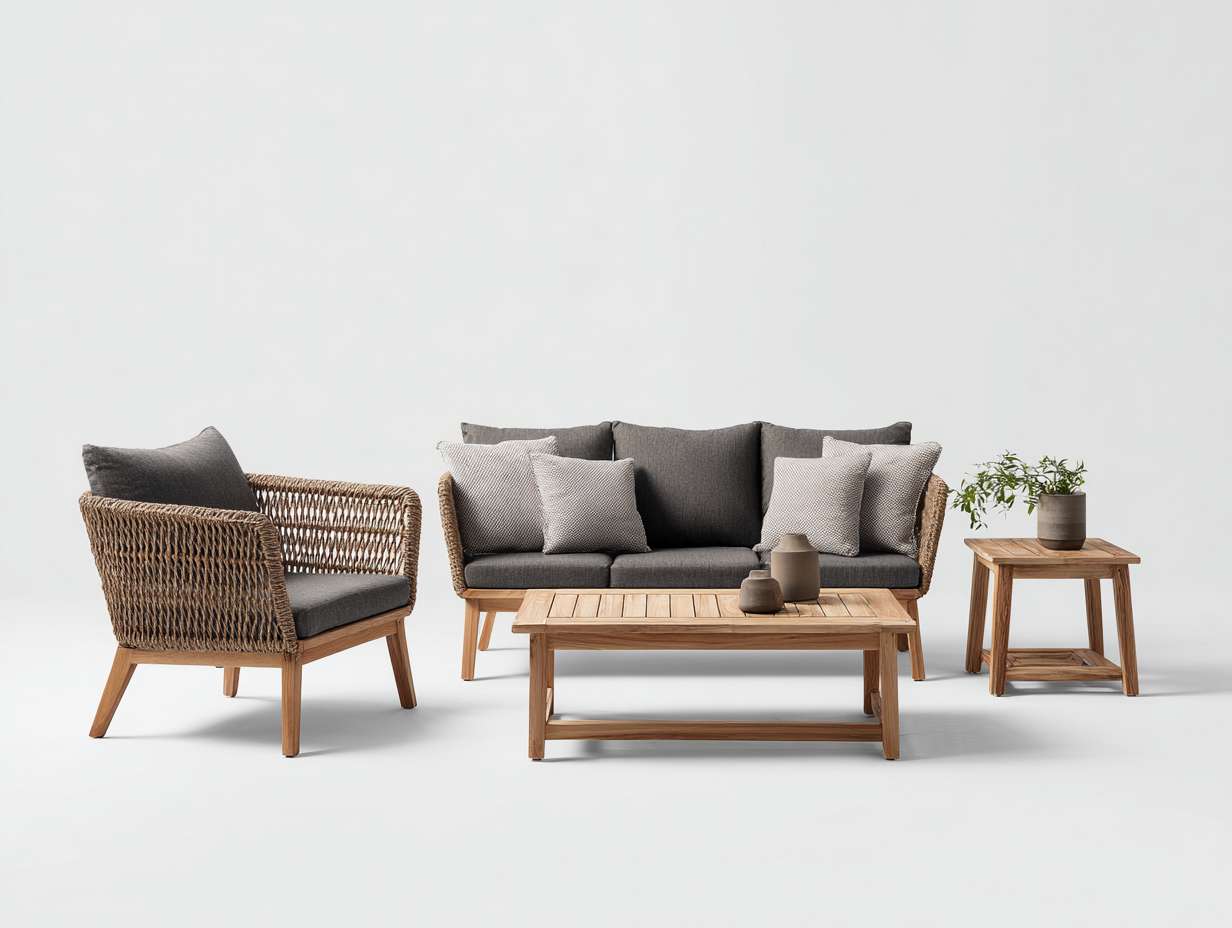 Canapé de jardin-rotin-tissu-bois-172x80x76 cm-naturel-gris foncé-style moderne-Molinkahaus