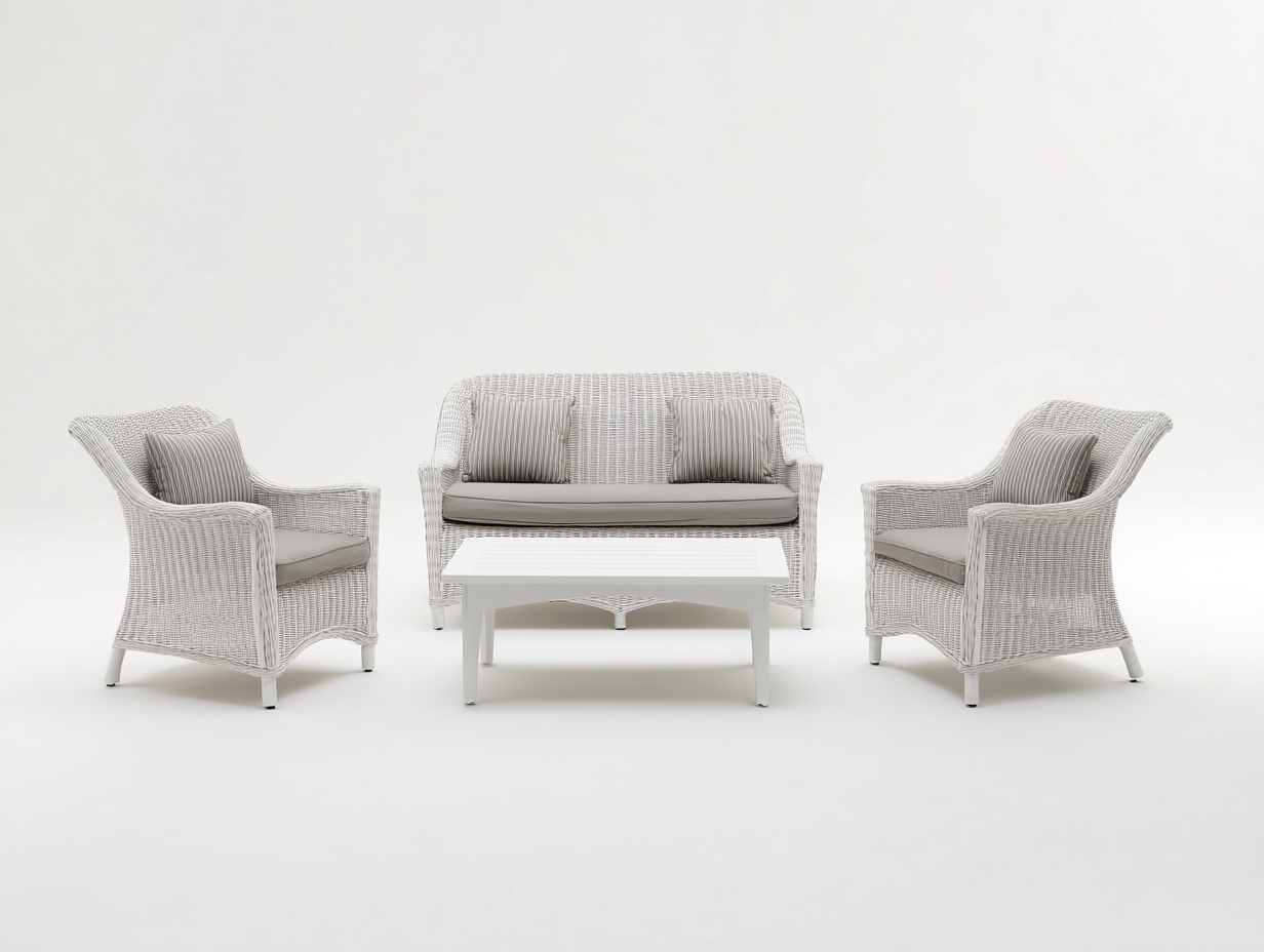 Canapé de jardin-rotin-tissu-bois-150x74x80 cm-blanc-taupe-style classique moderne-Molinkahaus