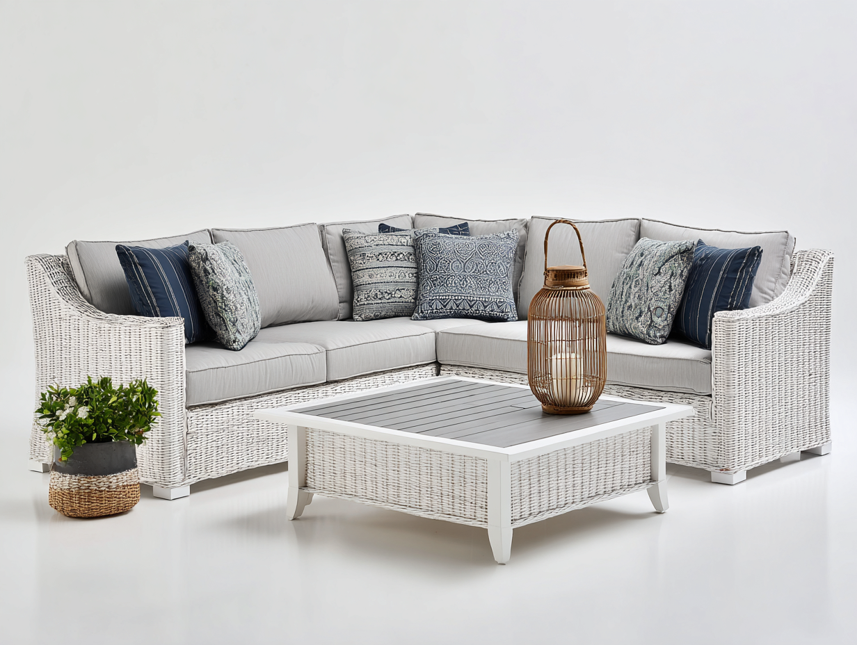 Canapé de jardin-rotin-tissu-bois-240x240x82 cm-blanc-gris clair-style moderne-Molinkahaus