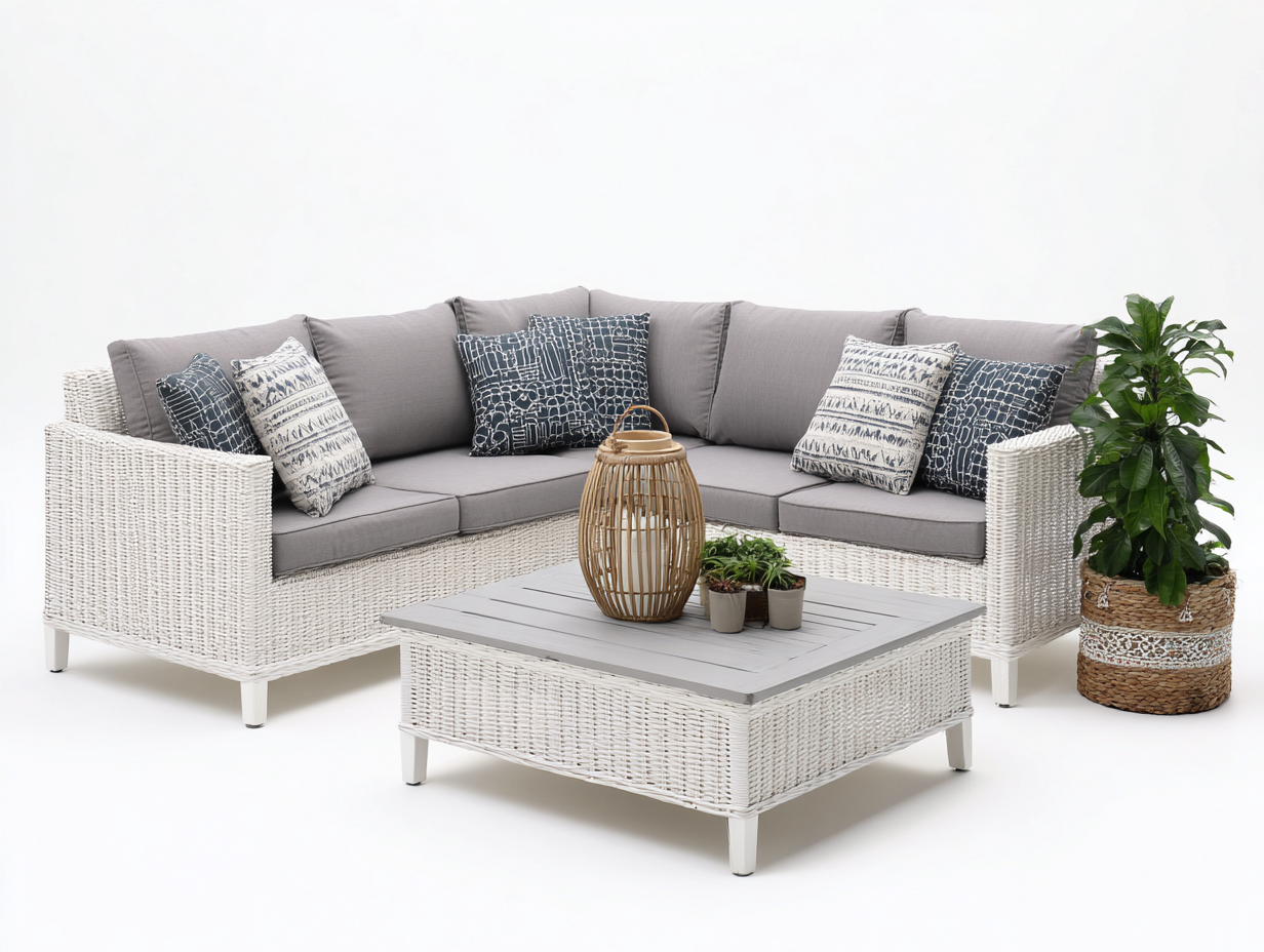 Canapé de jardin-rotin-tissu-bois-238x238x82 cm-blanc-gris-style moderne-Molinkahaus