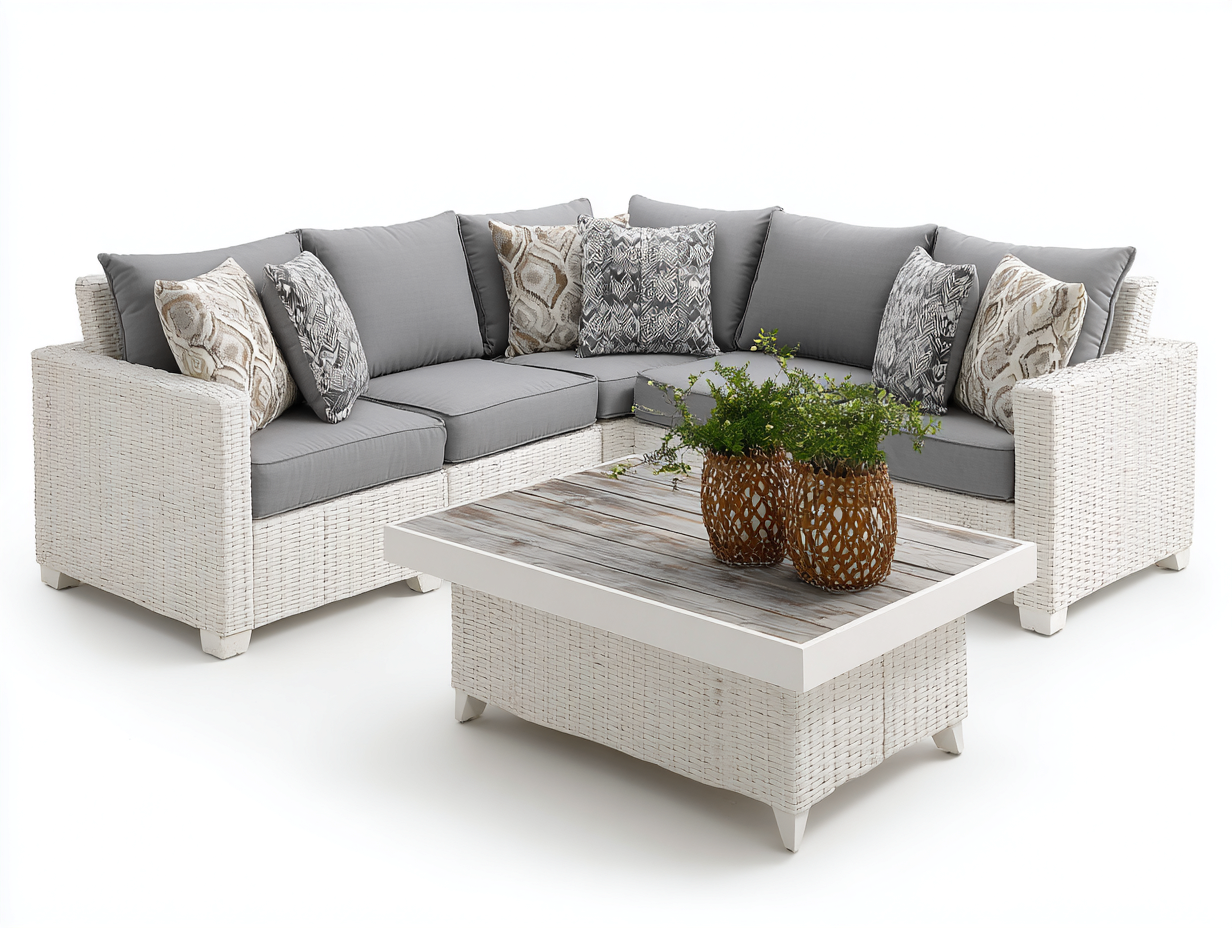 Canapé de jardin-rotin-tissu-bois-240x240x82 cm-blanc-gris-style moderne-Molinkahaus
