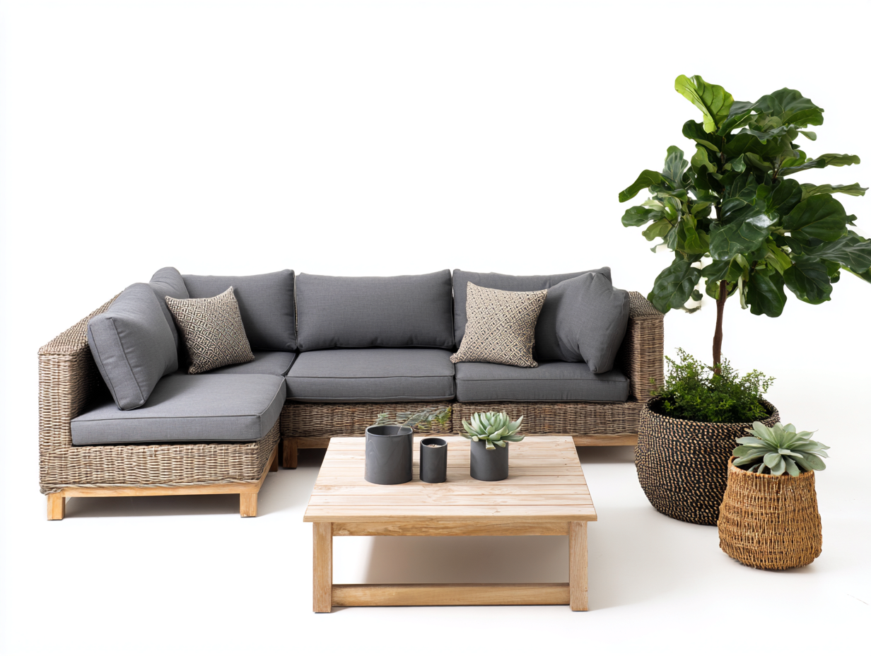 Canapé de jardin-rotin-tissu-bois-235x175x78 cm-naturel-gris-style moderne-Molinkahaus