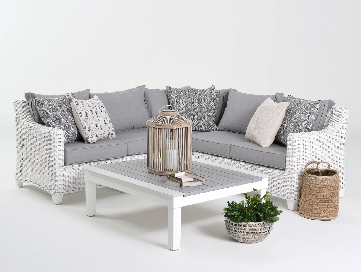Canapé de jardin-rotin-tissu-bois-235x235x82 cm-blanc-gris-style moderne-Molinkahaus