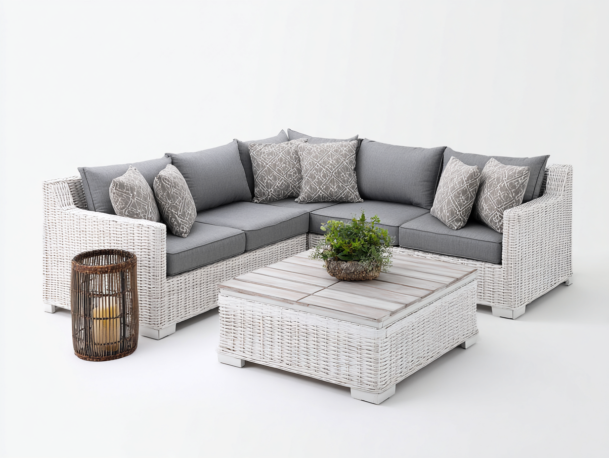 Canapé de jardin-rotin-tissu-bois-238x238x82 cm-blanc-gris-style moderne-Molinkahaus