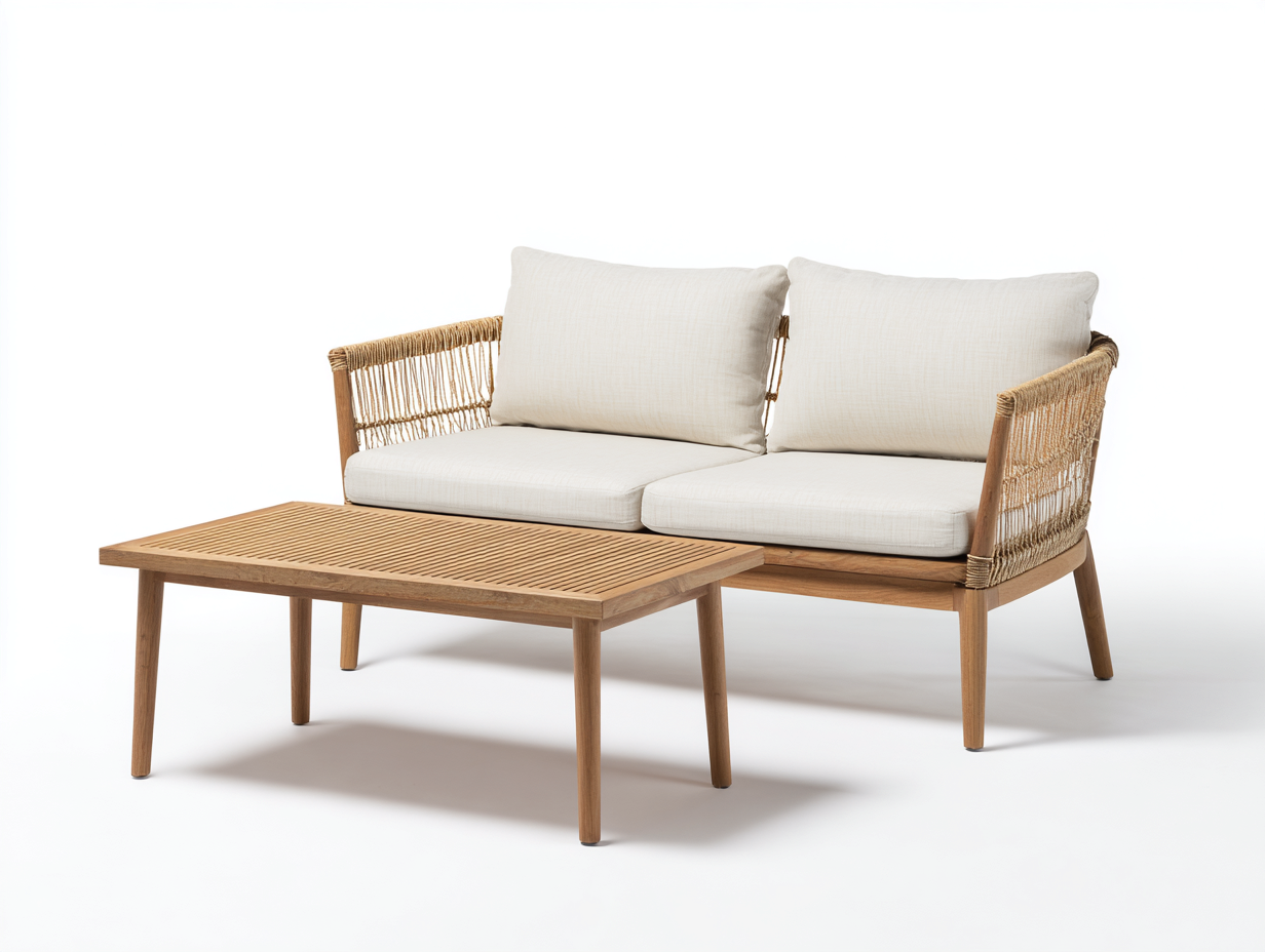 Canapé de jardin-bois-corde-tissu-148x78x76 cm-naturel-blanc cassé-style moderne-Molinkahaus