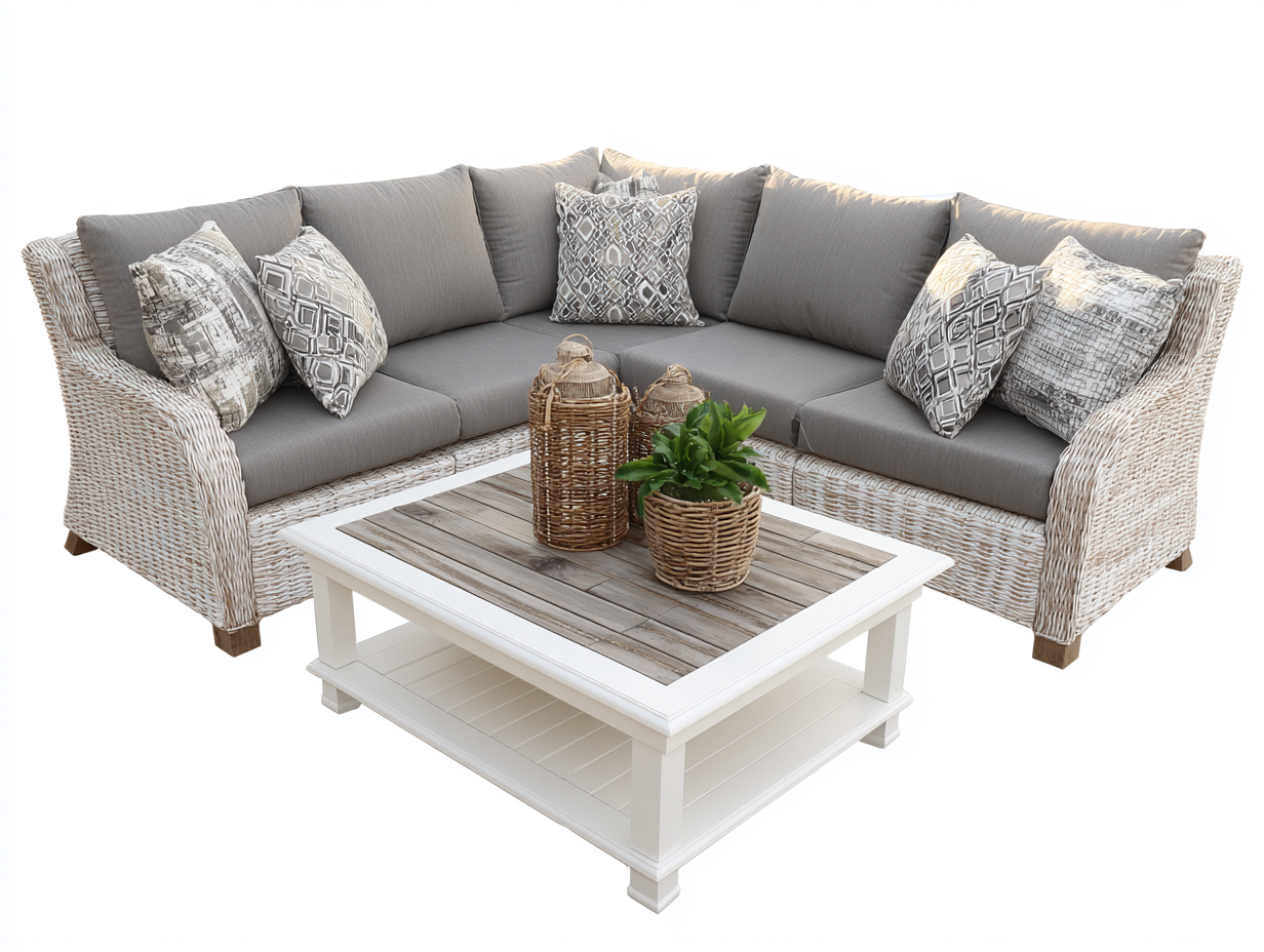 Canapé de jardin-rotin-tissu-bois-238x238x82 cm-blanc-gris-style moderne-Molinkahaus