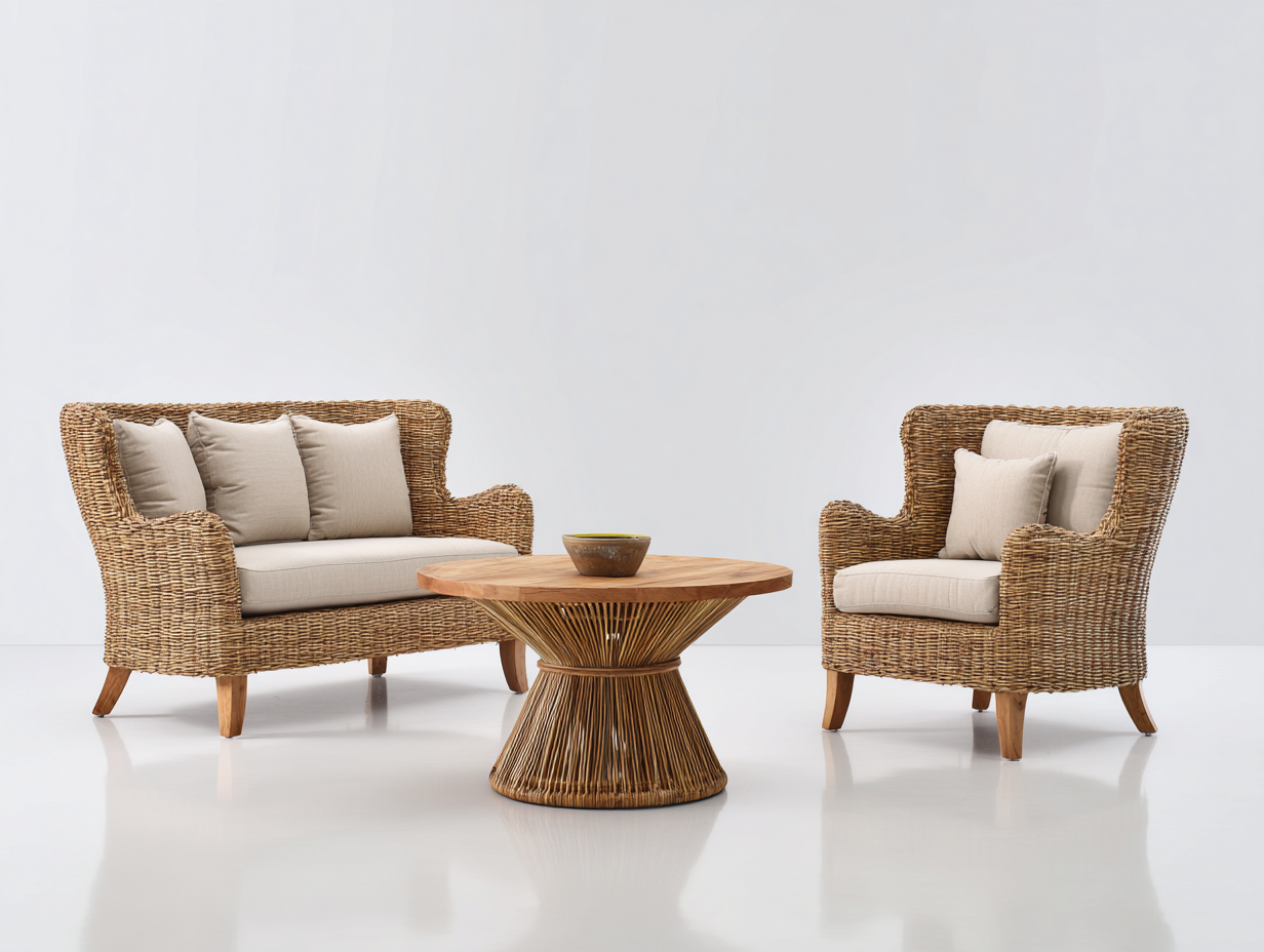 Canapé de jardin-rotin-tissu-bois-165x82x92 cm-naturel-beige-style classique moderne-Molinkahaus
