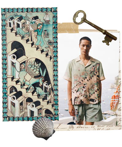 Liguori's tile piece alongside a man wearing the shirt at Le Sirenuse