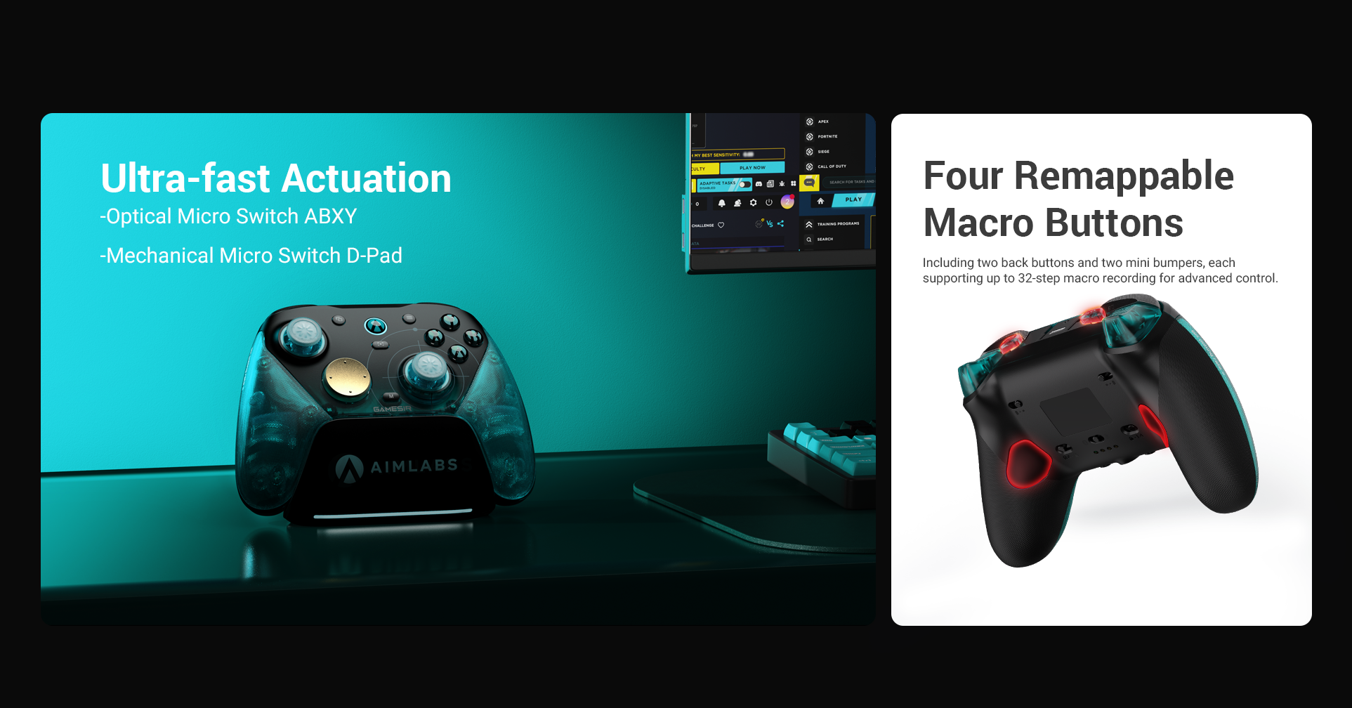 GameSir G7 Pro 8K PC - Aimlabs Edition game controller. Master every game genre with our innovative Dual-Mode Trigger Stops. Seamlessly switch between Micro Switch triggers for a crisp, mouse-click feel and lightning-fast response—perfect for competitive FPS titles—or engage the Hall Effect analog triggers for smooth, consistent control, providing the precise linear input required for racing and simulation games.