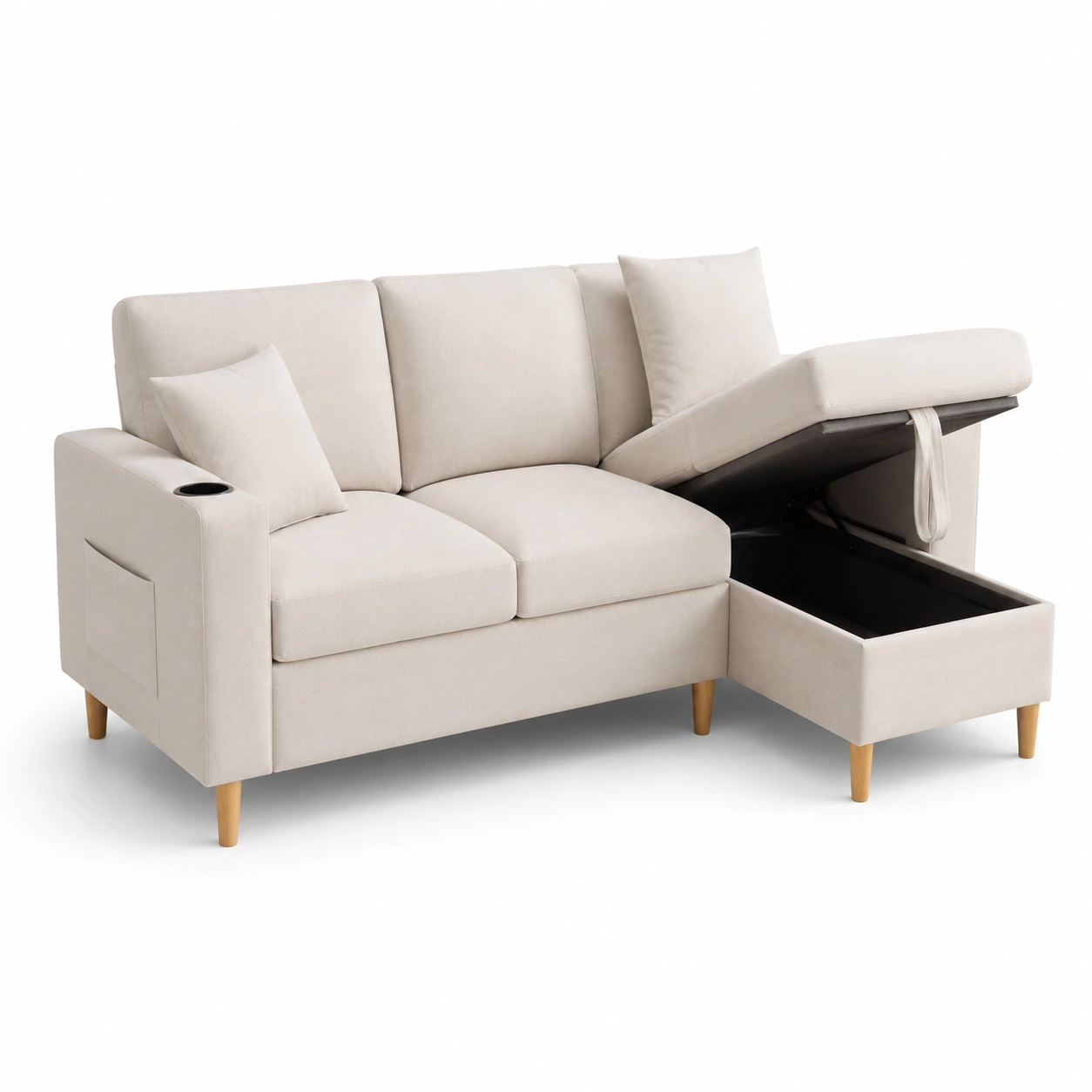 Sofa chaise longue con almacenaje beige-vellanocasa
