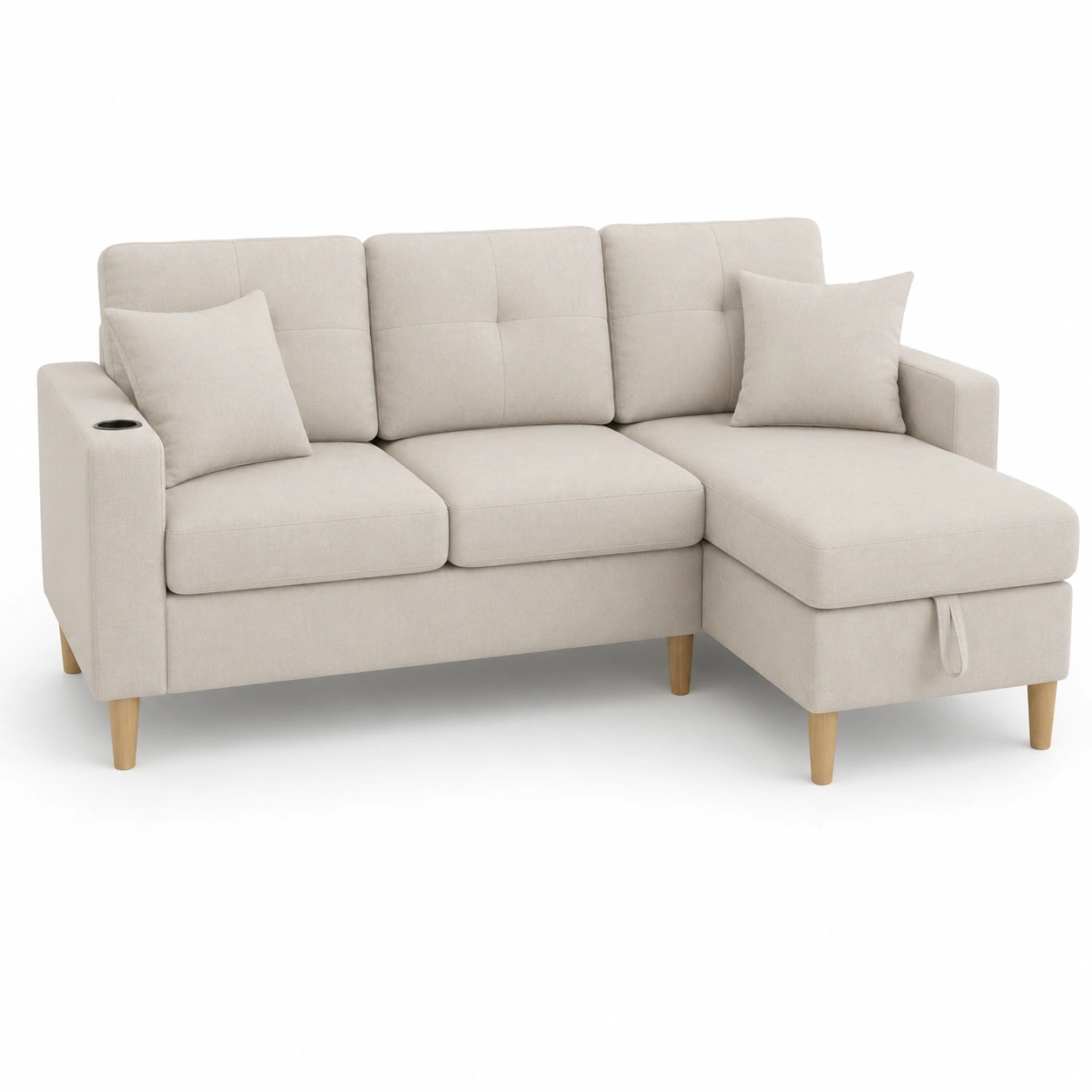 Sofa esquinero beige con reposapies-vellanocasa