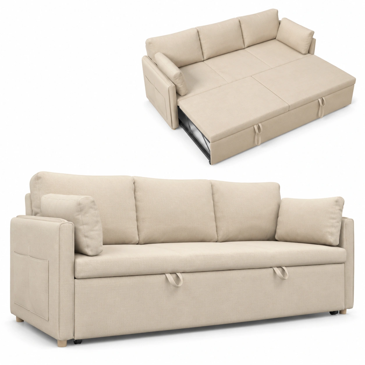 Sofa cama de tres plazas beige marfil-vellanocasa