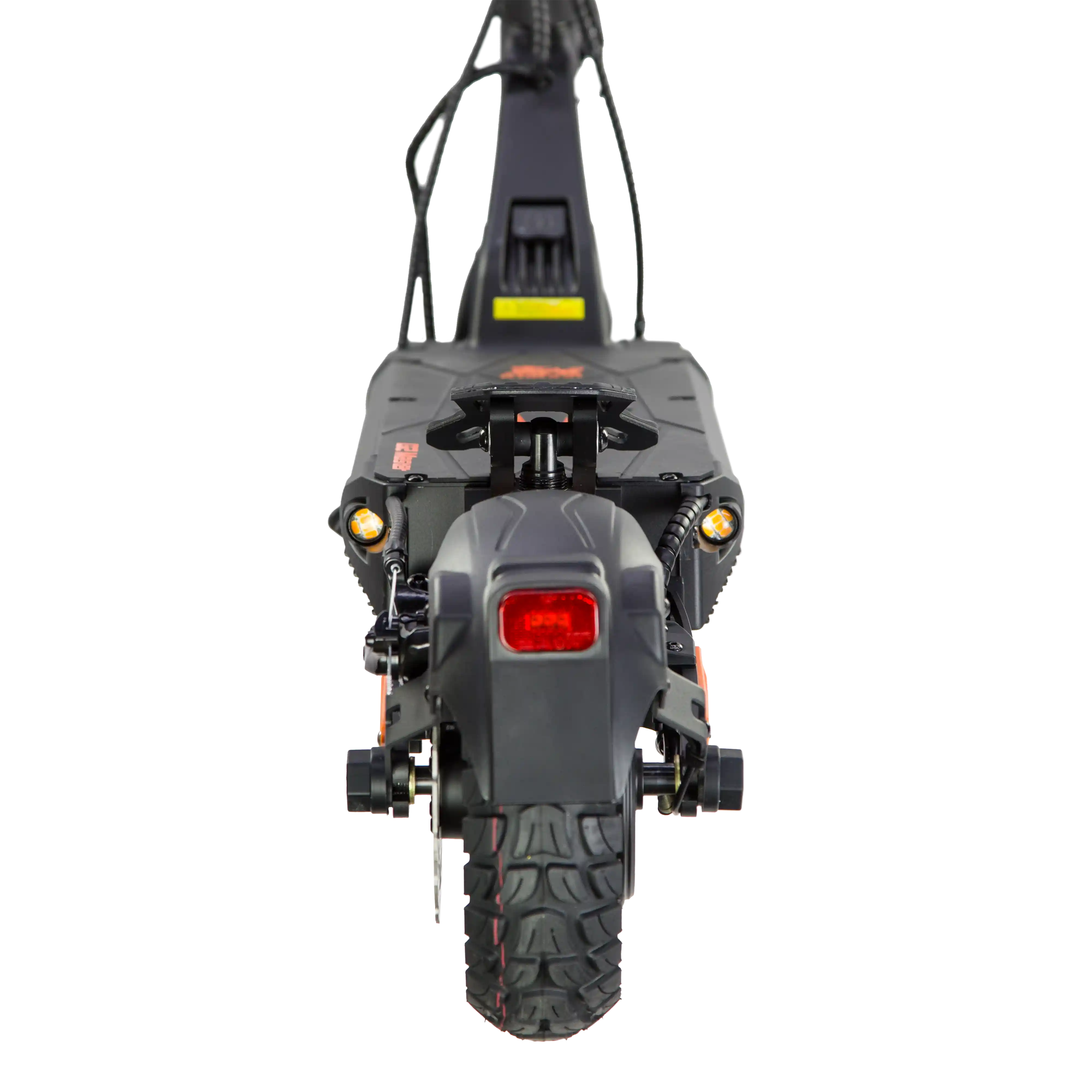 KuKirin G2 Master Electric Scooter，Rear view of KuKirin G2 Master electric scooter with tail light, rear suspension and dual motor setup