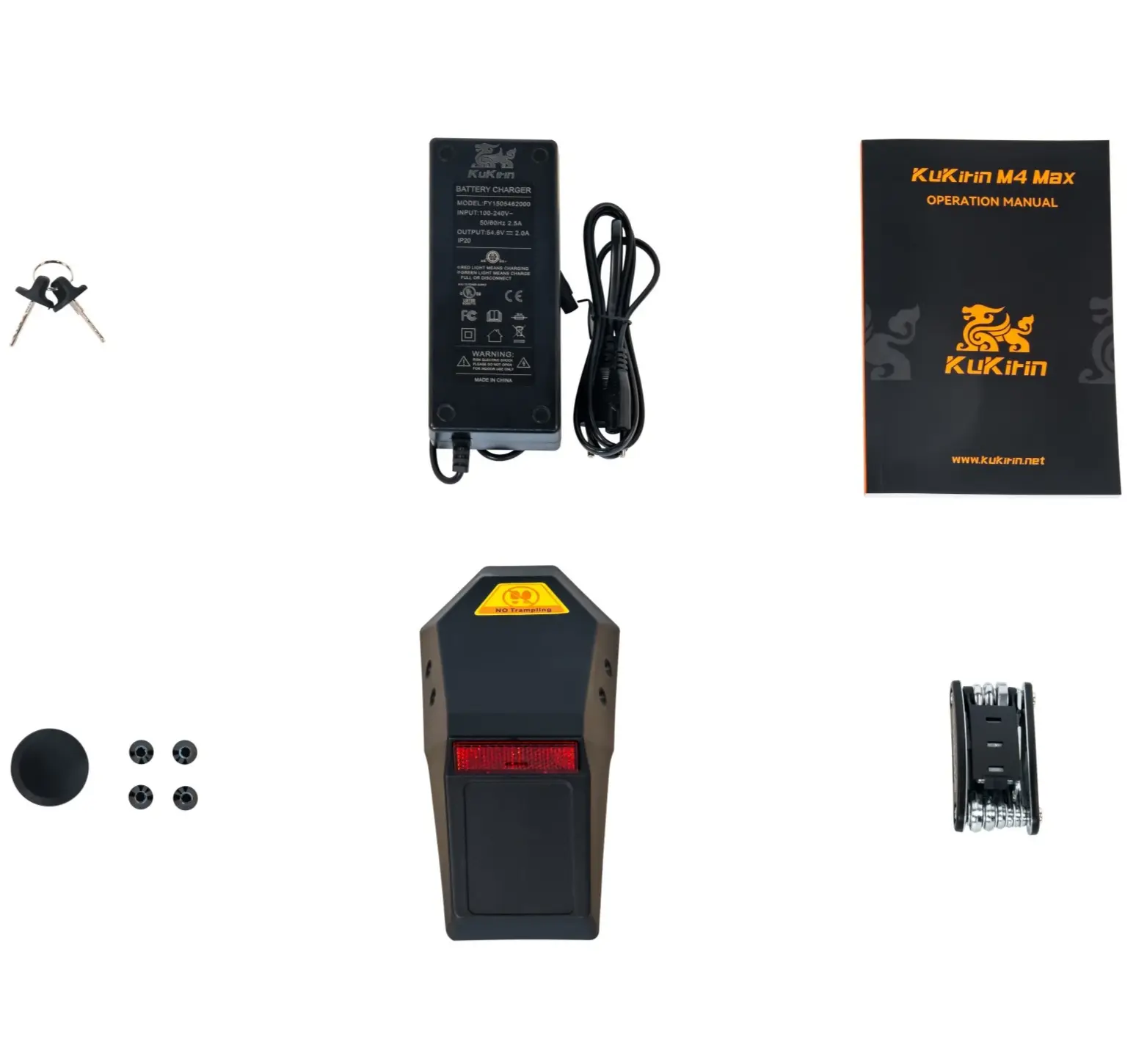 KuKirin M4 Max original accessories kit, fast charger, user manual, maintenance tools, complete set for dual-motor scooter with seat, global kukirin