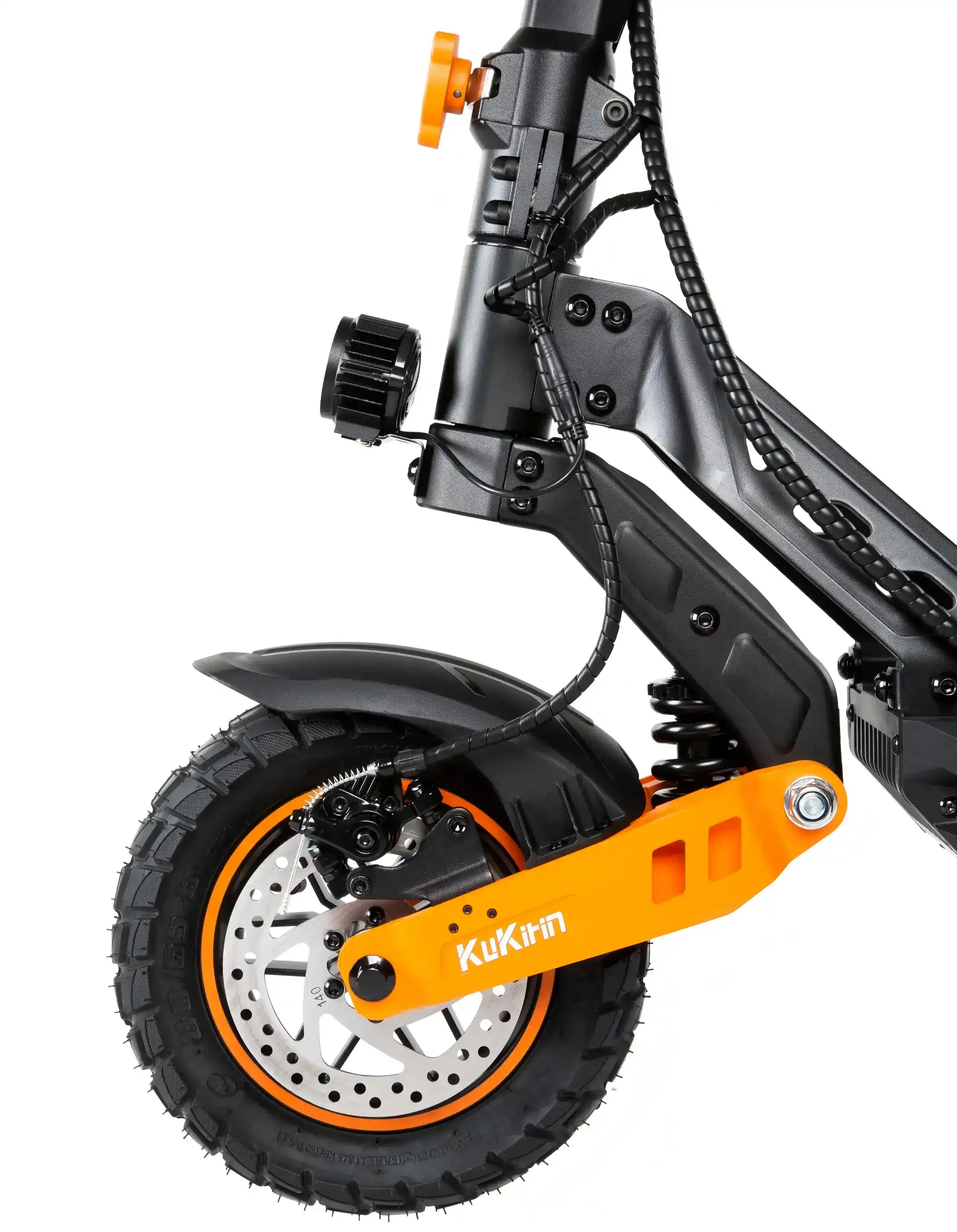 Kukirin G2 Max front wheel details, 10-inch anti-skid off-road tire, hydraulic disc brake, adjustable shock absorber, all-terrain capability, global kukirin