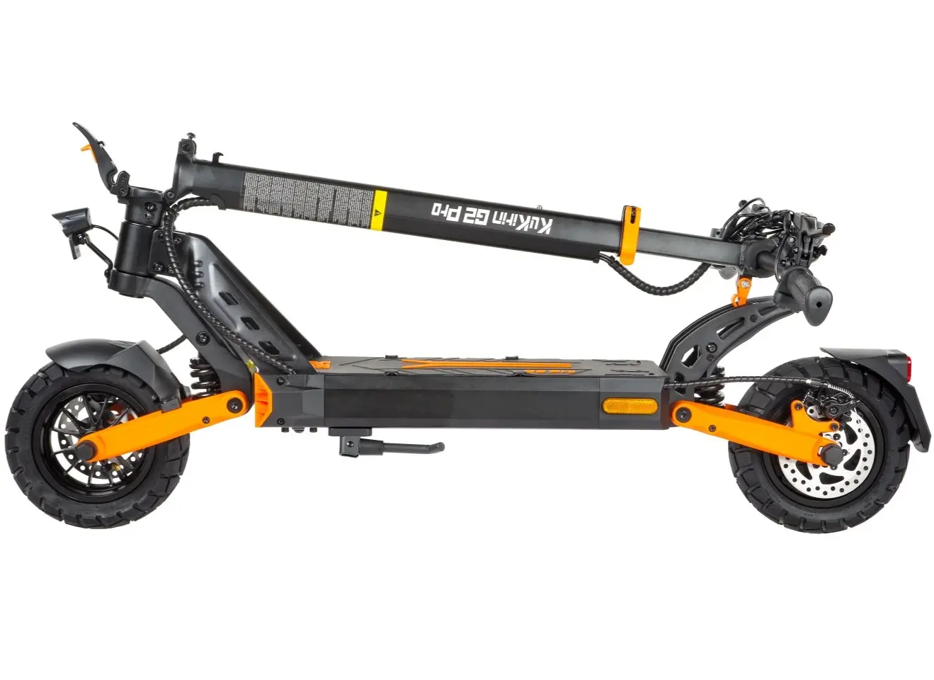 KuKirin G2 Pro ABE electric scooter in folded state, showing its compact form factor. Side profile view highlights the dual suspension, deck design, and folding mechanism for easy transport, global kukirin