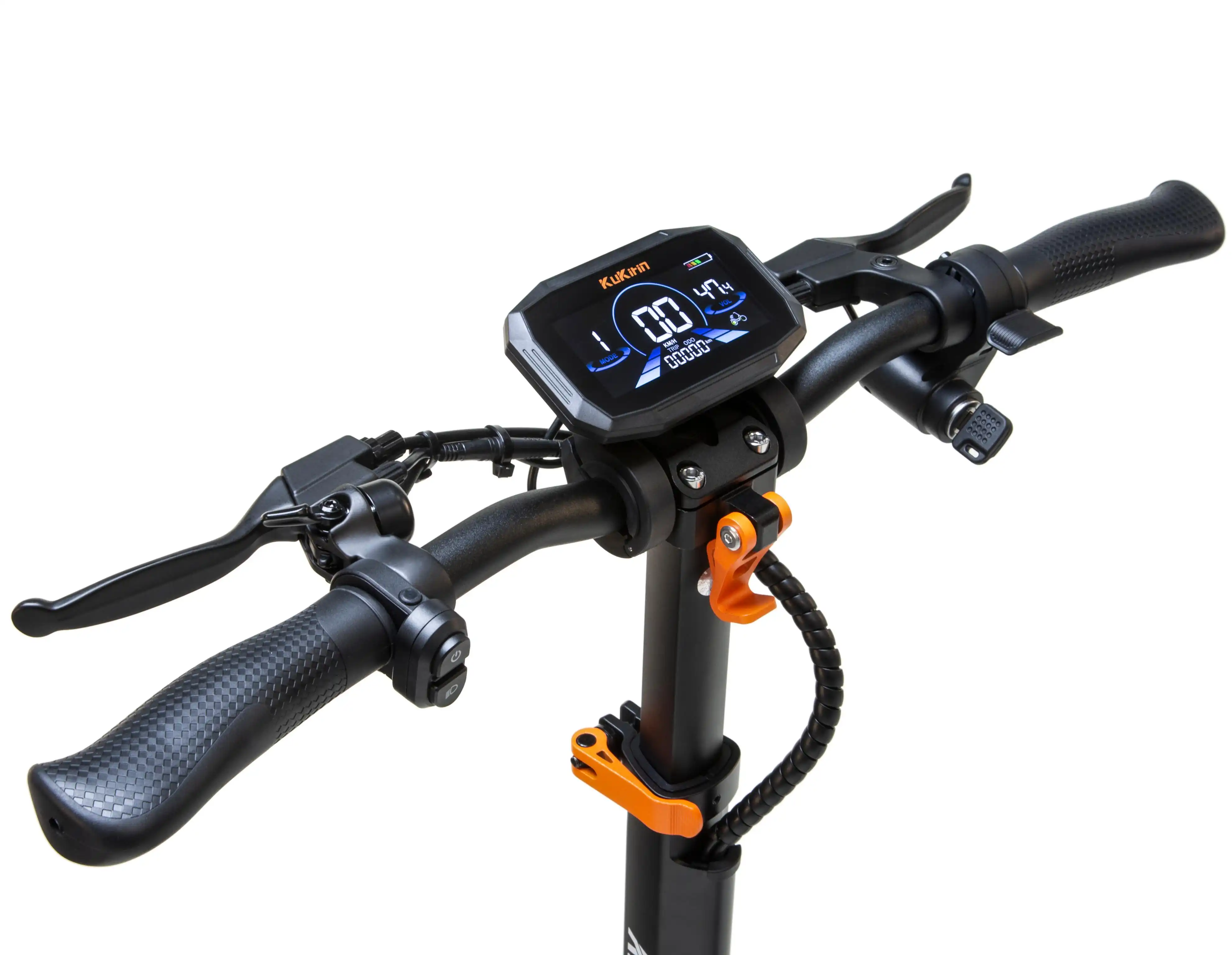 KuKirin G2 Pro ABE handlebar with a full-color digital LCD display, showing speed, battery level, odometer, and riding mode. Integrated with brake levers and control buttons, global kukirin