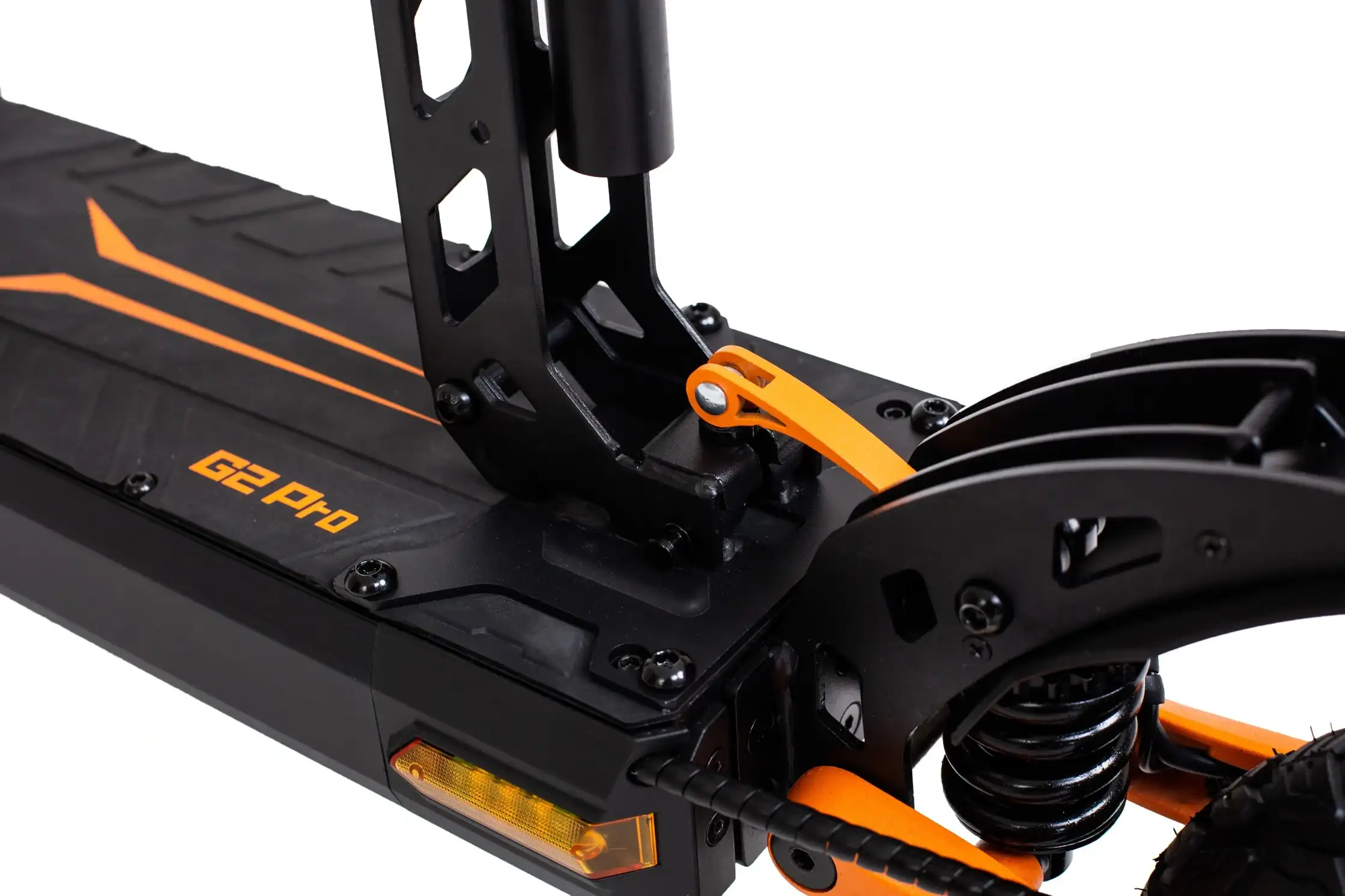 Kukirin G2 Pro deck and front suspension details, sturdy foldable frame, dual hydraulic shock absorber, non-slip deck with G2 Pro logo, durable construction, 600w motor, 48V 15.6Ah battery, 45km/h max speed, 55km range,global kukirin