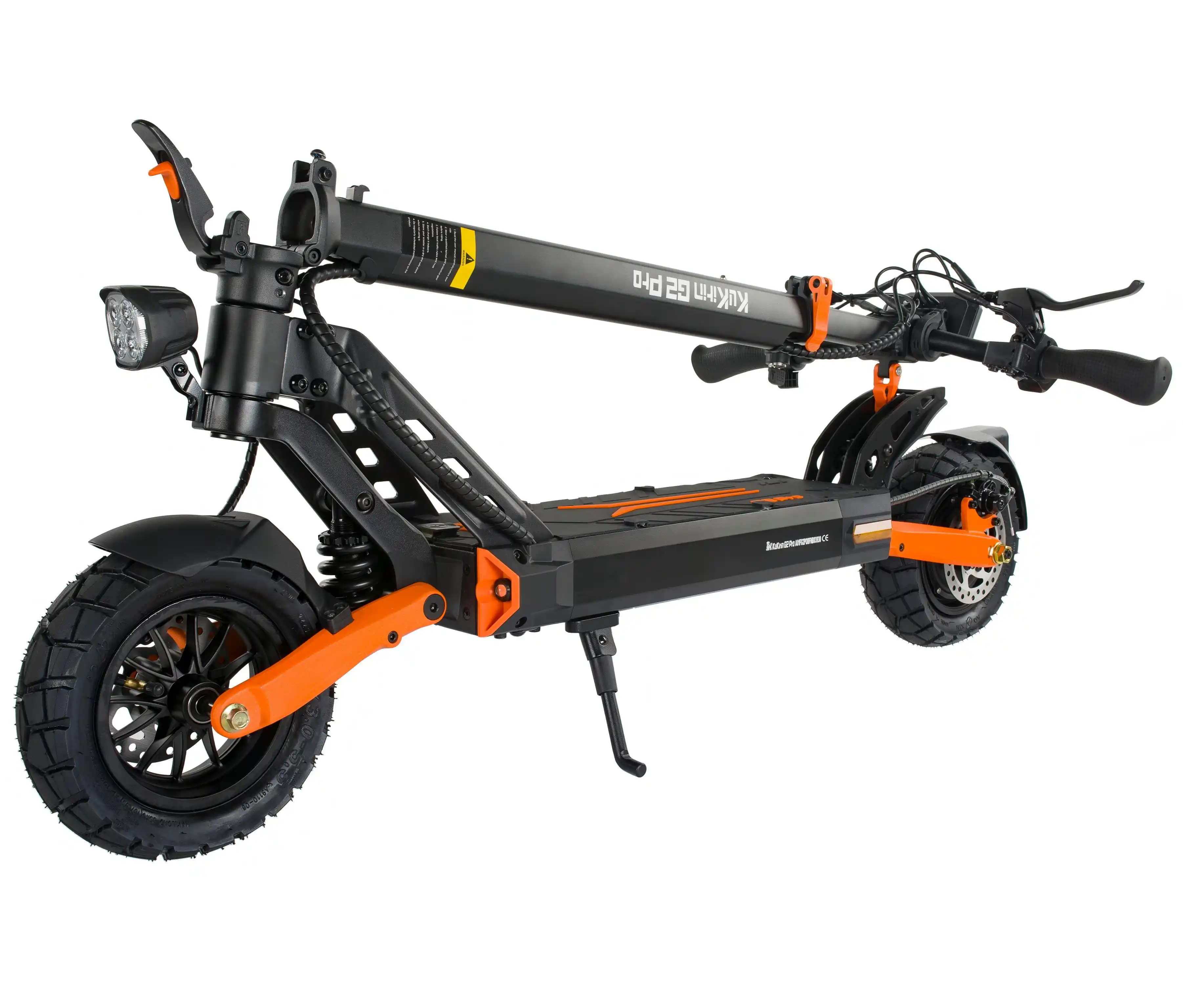 Kukirin G2 Pro folded view, compact foldable design, safety locking mechanism, easy to store in car trunk, portable high-power off-road scooter, ideal for travel, 600w motor, 48V 15.6Ah battery, 45km/h max speed, 55km range,global kukirin