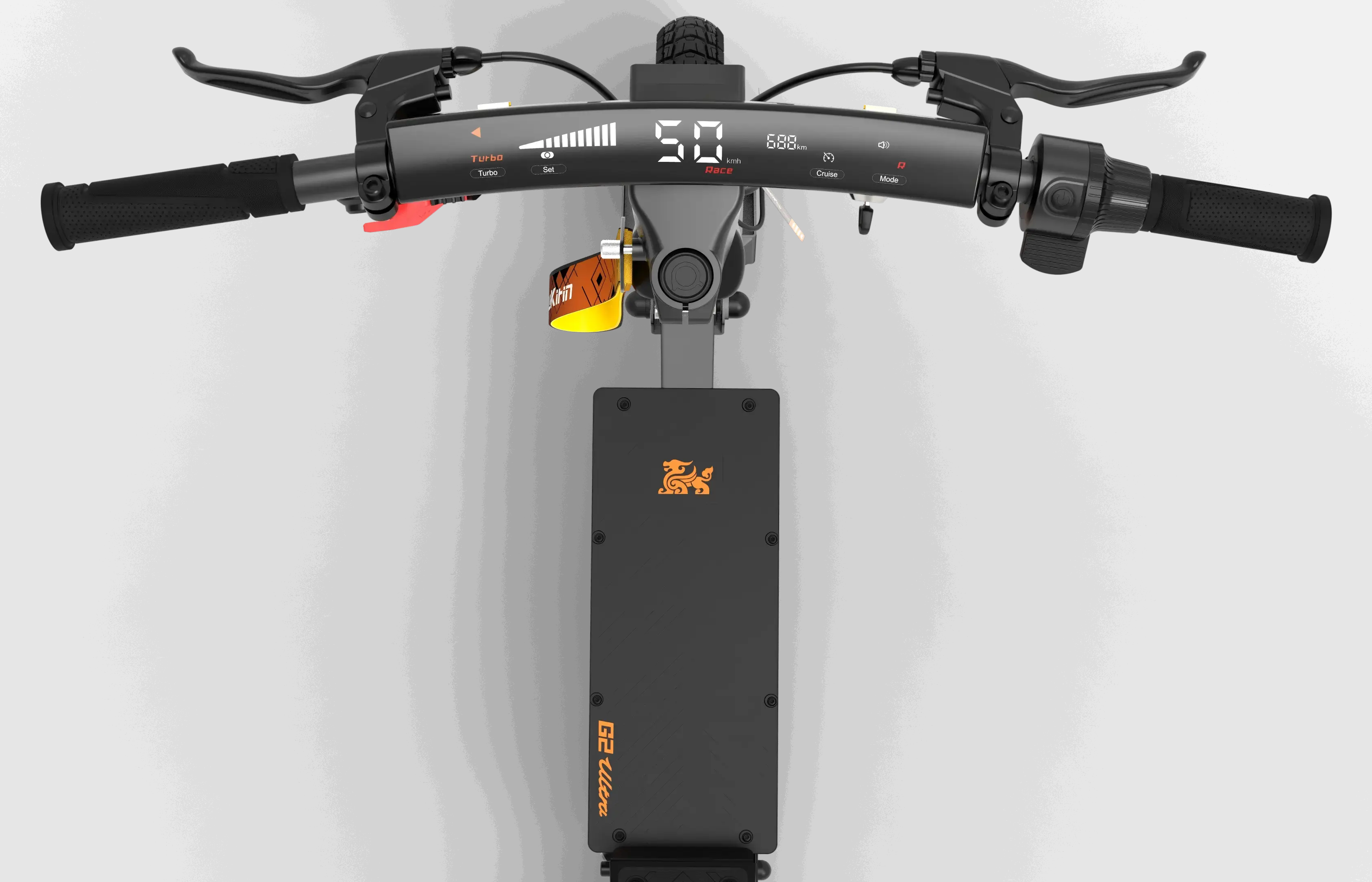 Kukirin G2 Ultra top view, handlebar touchscreen display showing speed, battery, turbo mode and cruise control, dual motor high-performance electric scooter, ergonomic handlebar controls, 800W*2 motor, 48V 18Ah battery, 50km/h max speed, 55km range,global kukirin