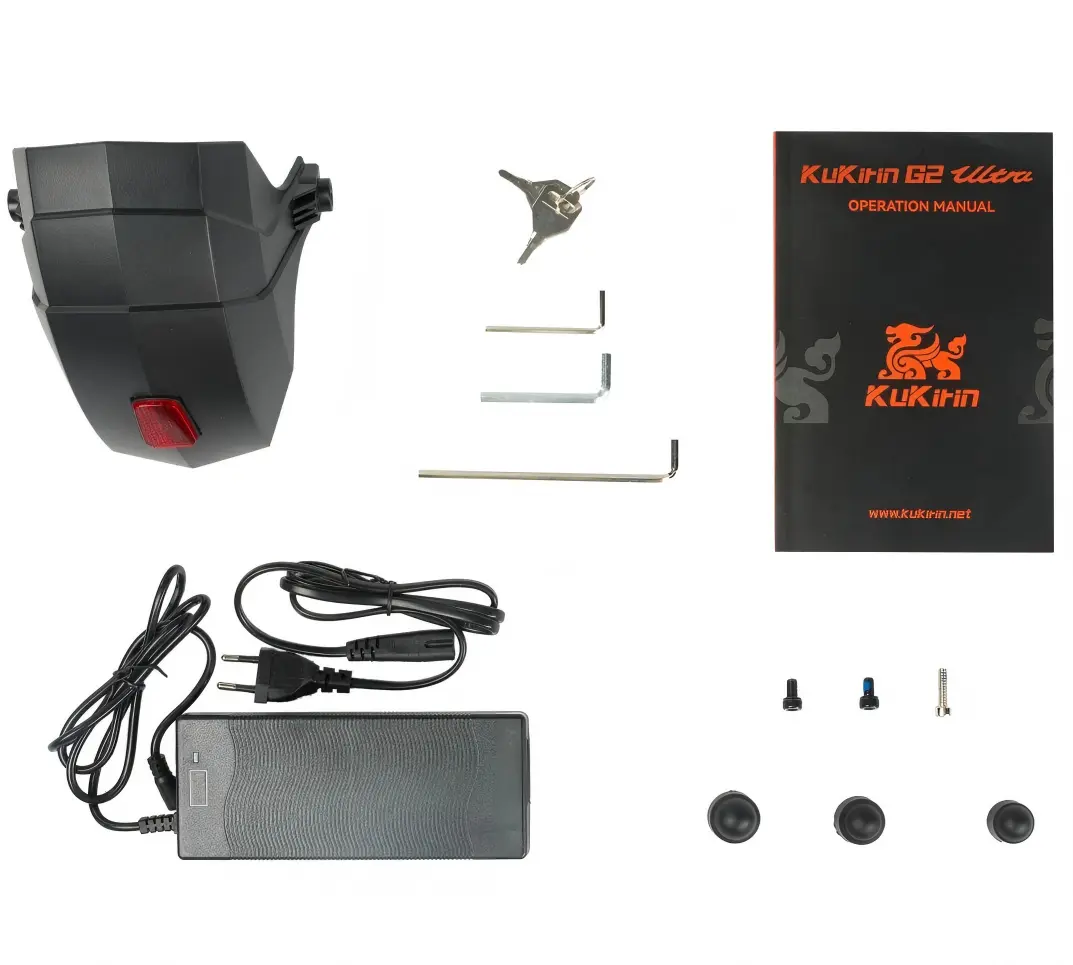 KuKirin G2 Ultra full original accessories set, 2A charger, operation manual, spare maintenance tools, complete matching kit for dual motor touchscreen scooter, global kukirin