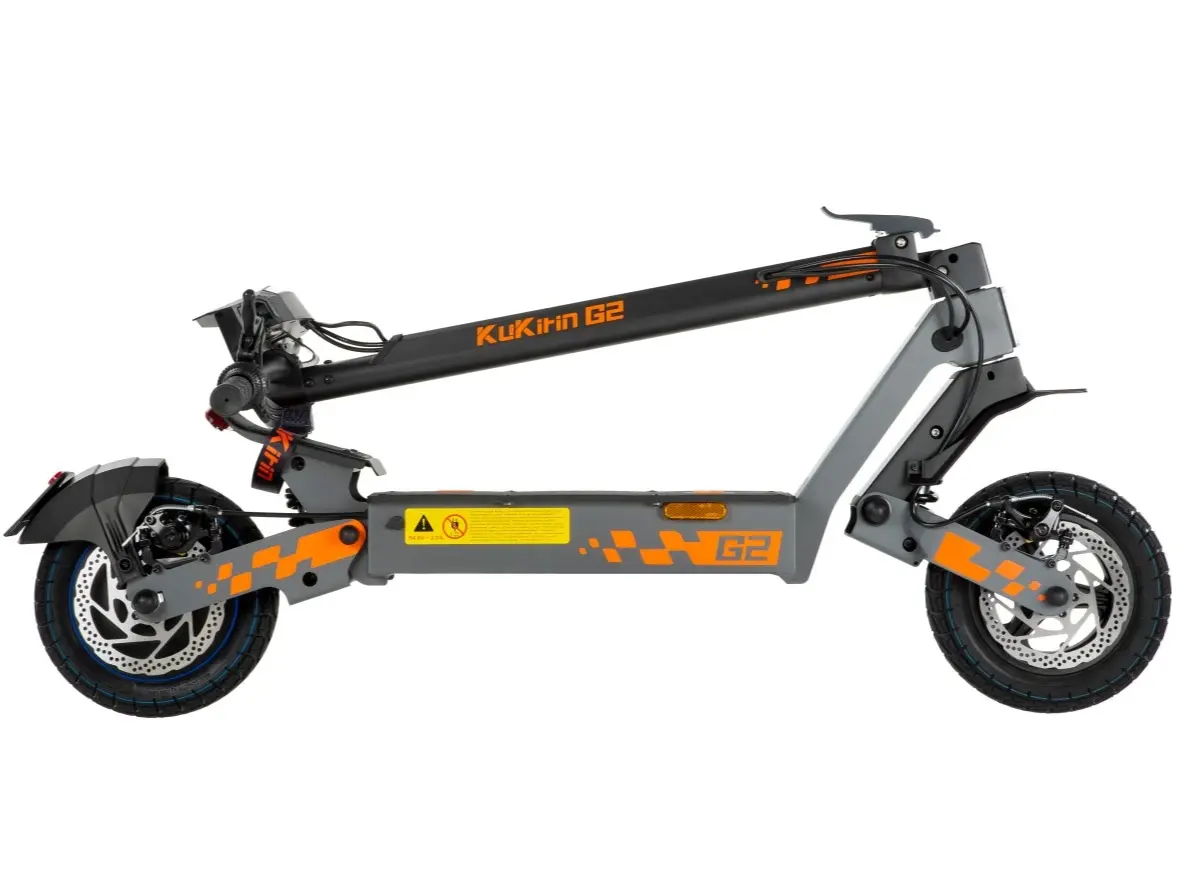 KuKirin G2 VMP folded scooter, showing its compact form factor, folding stem mechanism, and how it fits easily in car trunks or small spaces, 500W motor, 48V 15.6Ah battery, 25km/h max speed, 65km max range,global kukirin
